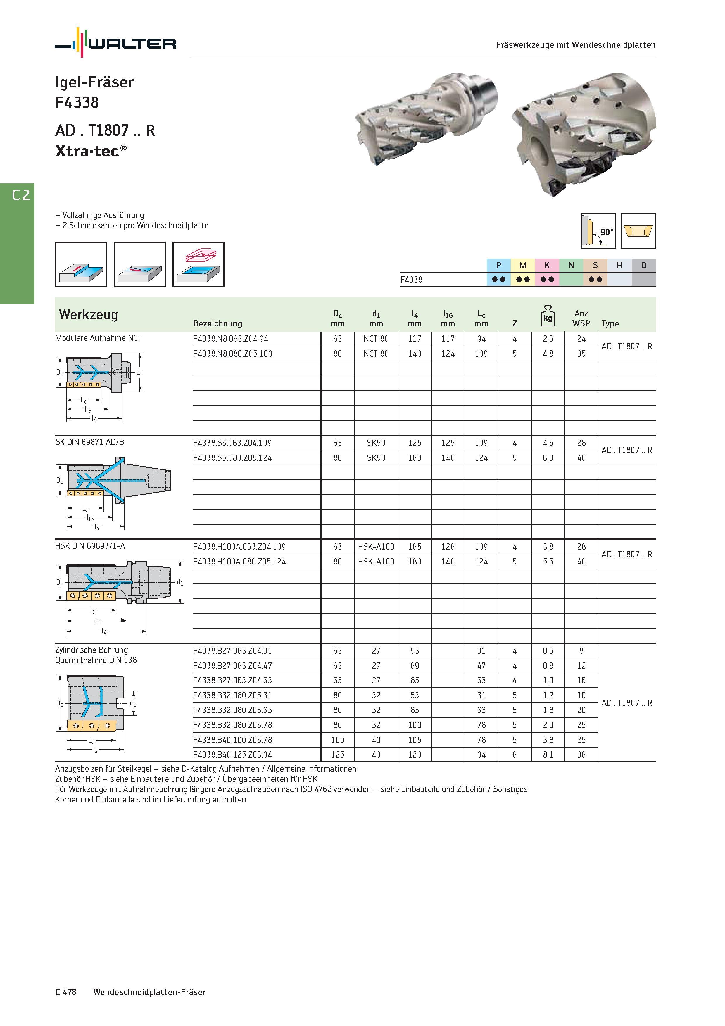 2190 Walter Fräswerkzeuge mit Wendeschneidplatten Igel-Fräser F4338 AD T1807 R Xtratec Vollzahnige Ausführung 2 Schneidkanten pro Wendeschneidplatte 9 Каталог WALTER 2016 Общий Инструмент станочный режущий и инструментальная оснастка Фрезы монолитные и сборные с твердосплавными сменными пластинами Сверла Резцы Оправки Стр. C478
