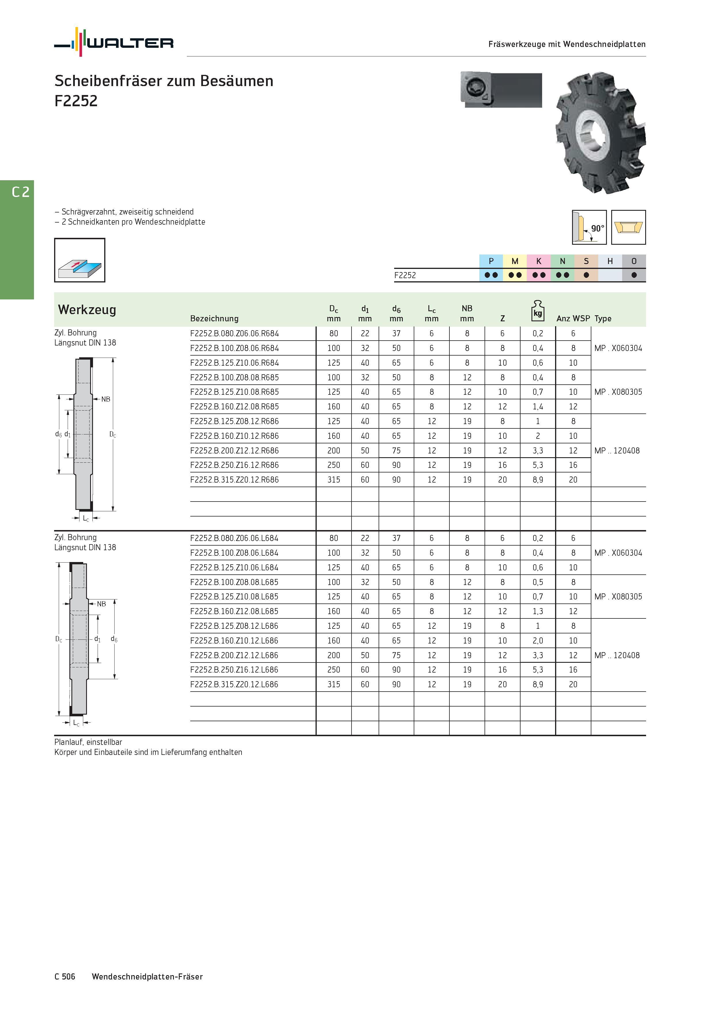 2218 Walter Fräswerkzeuge mit Wendeschneidplatten Scheibenfräser zum Besäumen F2252 - Schrägverzahnt, zweiseitig schneidend - 2 Schneidkanten pro Wend Каталог WALTER 2016 Общий Инструмент станочный режущий и инструментальная оснастка Фрезы монолитные и сборные с твердосплавными сменными пластинами Сверла Резцы Оправки Стр. C506