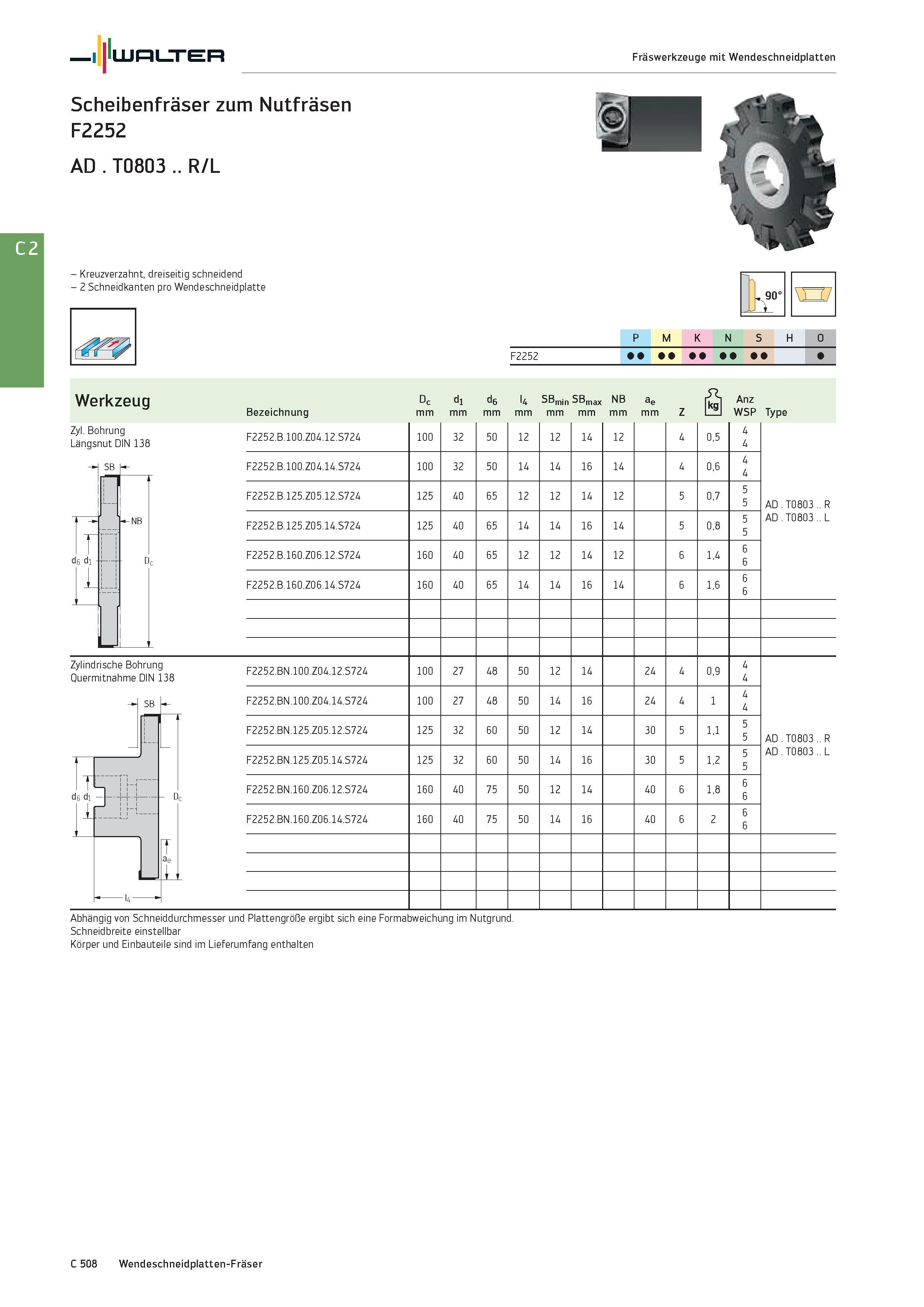 2220 Walter Fräswerkzeuge mit Wendeschneidplatten Scheibenfräser zum Nutfräsen F2252 AD T0803 R/L - Kreuzverzahnt, dreiseitig schneidend - 2 Schneidka Каталог WALTER 2016 Общий Инструмент станочный режущий и инструментальная оснастка Фрезы монолитные и сборные с твердосплавными сменными пластинами Сверла Резцы Оправки Стр. C508