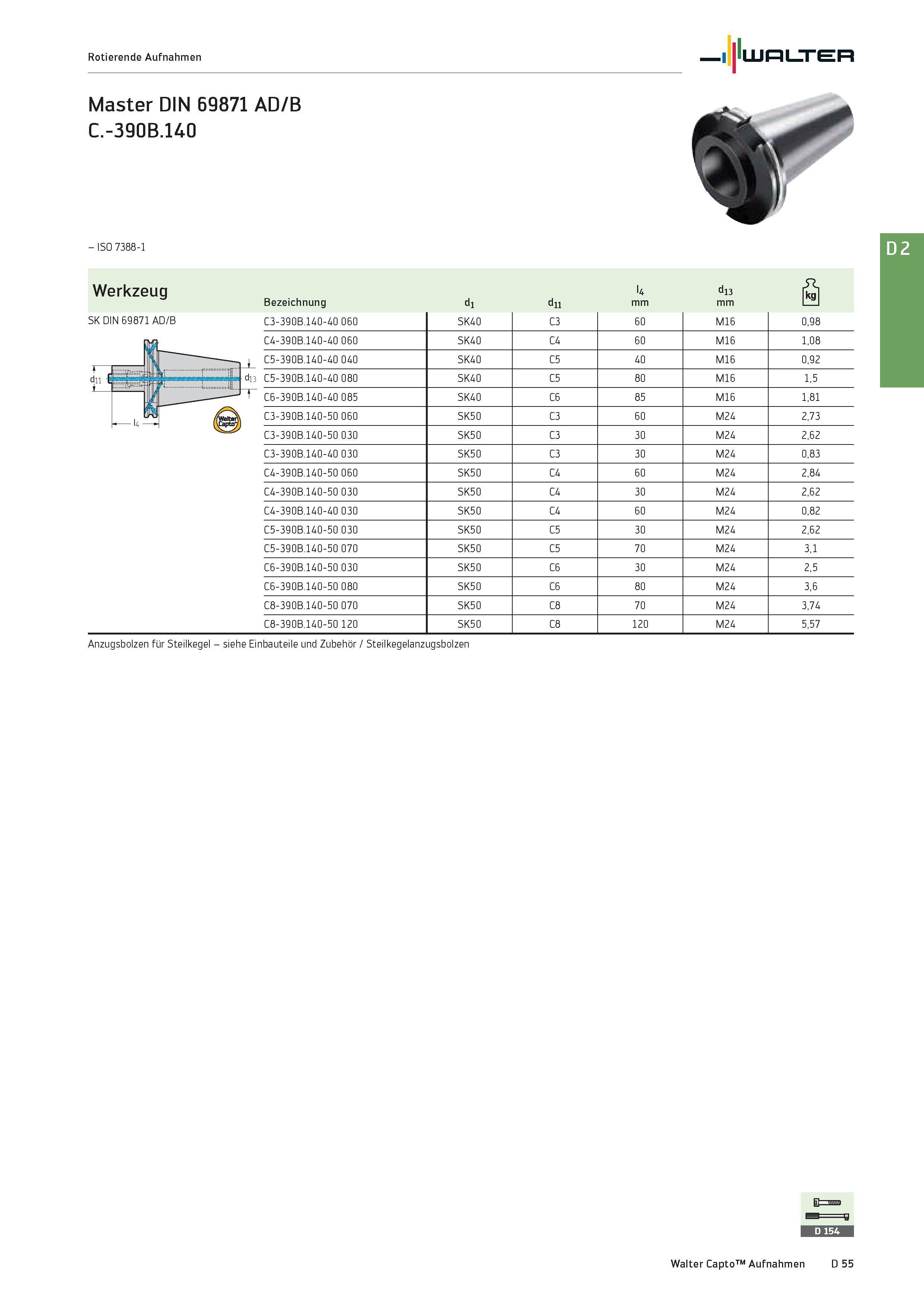 2467 Rotierende Aufnahmen Walter Master DIN 69871 AD/B C -390B 140 - ISO 7388-1 Werkzeug SK DIN 69871 AD/B fc = 3 Ipf U d13 & Bezeichnung d1 d11 mm lK Каталог WALTER 2016 Общий Инструмент станочный режущий и инструментальная оснастка Фрезы монолитные и сборные с твердосплавными сменными пластинами Сверла Резцы Оправки Стр. D55