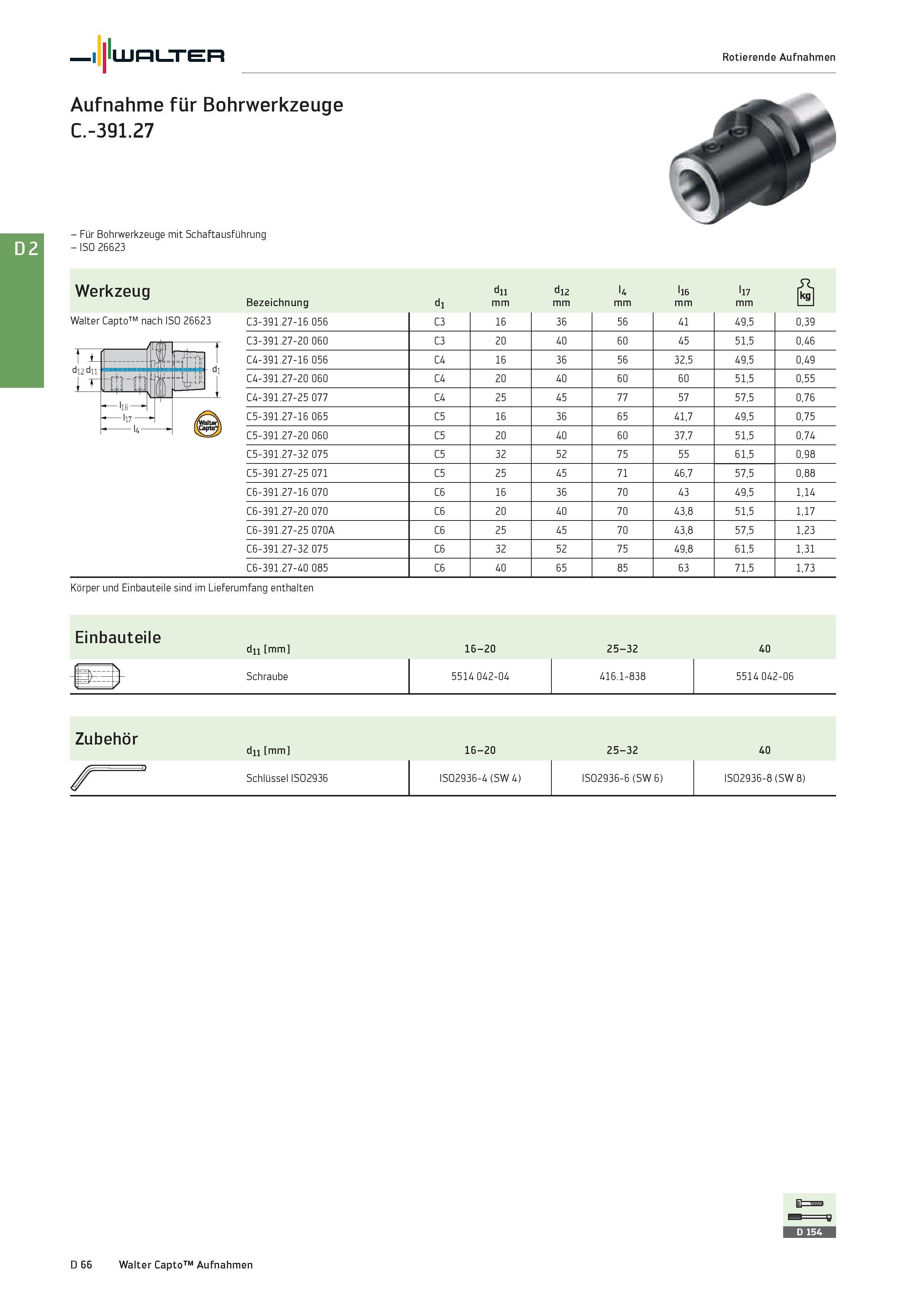 2478 Walter Aufnahme für Bohrwerkzeuge C -391 27 - Für Bohrwerkzeuge mit Schaftausführung - ISO 26623 Werkzeug Walter Capto nach ISO 26623 1- ‘ di2 di Каталог WALTER 2016 Общий Инструмент станочный режущий и инструментальная оснастка Фрезы монолитные и сборные с твердосплавными сменными пластинами Сверла Резцы Оправки Стр. D66