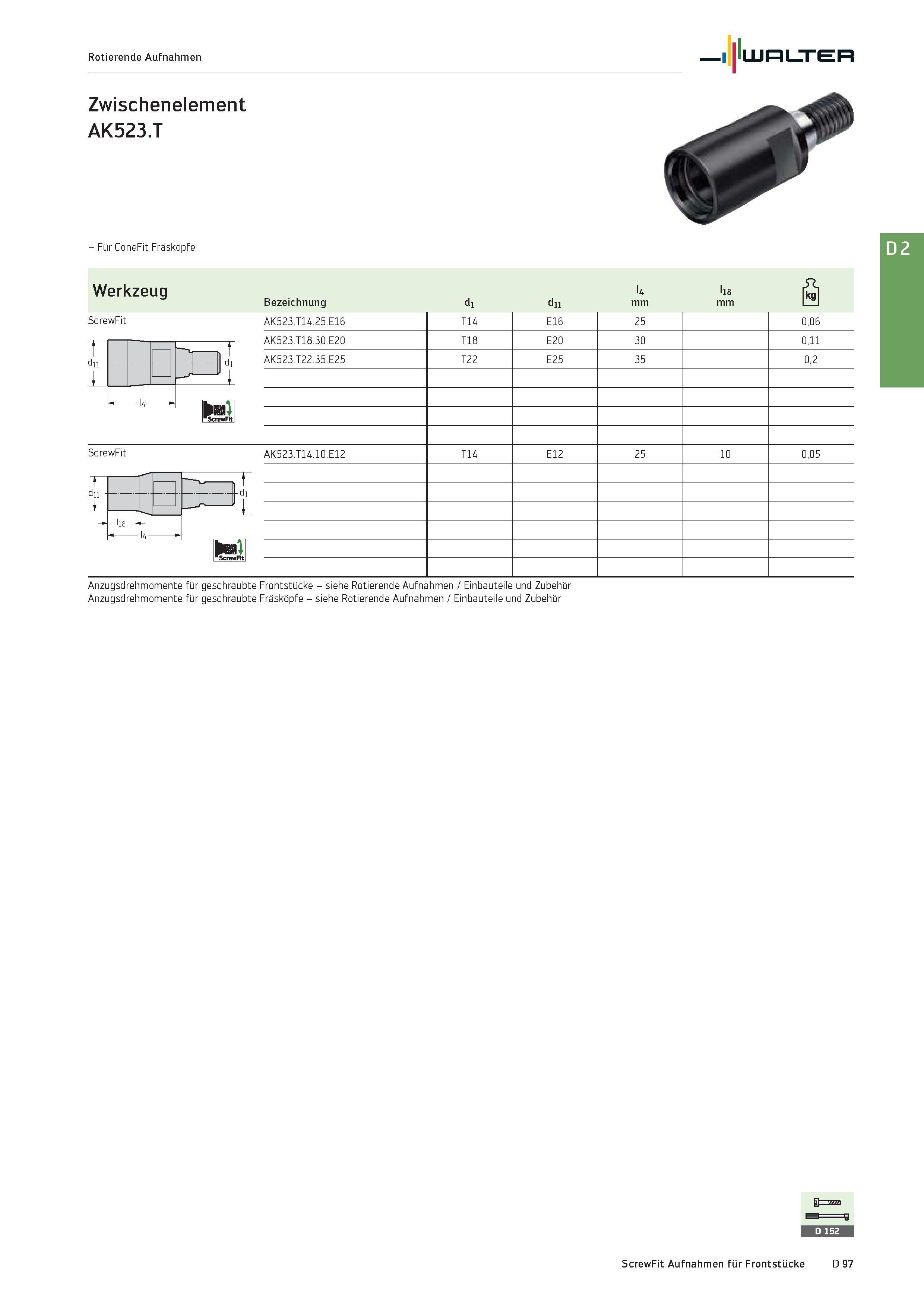 2509 - Für ConeFit Fräsköpfe Werkzeug ScrewFit du L Bezeichnung di du l4 mm l18 mm AK523 T14 25 E16 T14 E16 25 0,06 AK523 T18 30 E20 T18 E20 30 0,11 A Каталог WALTER 2016 Общий Инструмент станочный режущий и инструментальная оснастка Фрезы монолитные и сборные с твердосплавными сменными пластинами Сверла Резцы Оправки Стр. D97