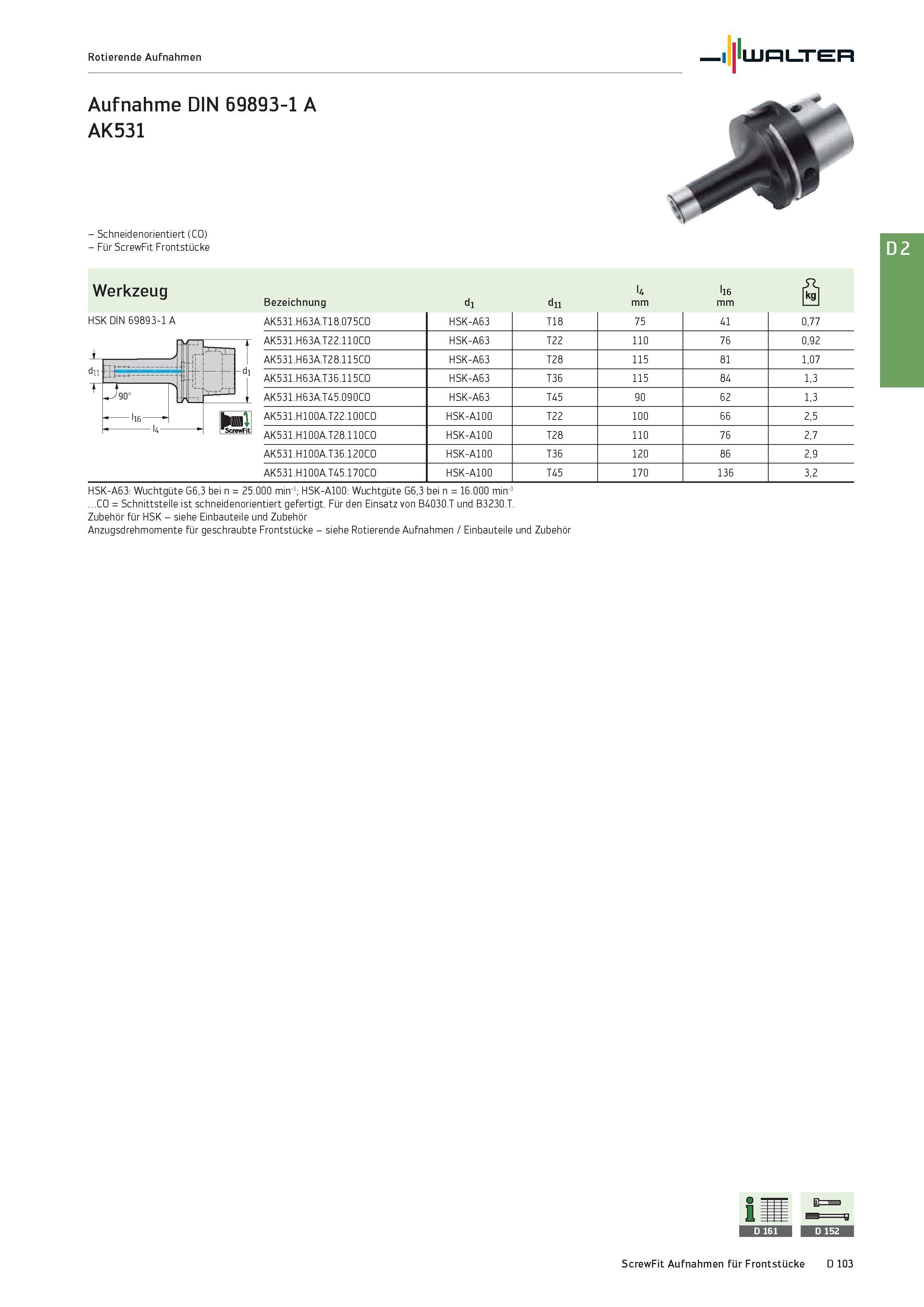 2515 Rotierende Aufnahmen Walter Aufnahme DIN 69893-1 A AK531 - Schneidenorientiert (CO) - Für ScrewFit Frontstücke Werkzeug HSK DIN 69893-1 A i I Wri Каталог WALTER 2016 Общий Инструмент станочный режущий и инструментальная оснастка Фрезы монолитные и сборные с твердосплавными сменными пластинами Сверла Резцы Оправки Стр. D103