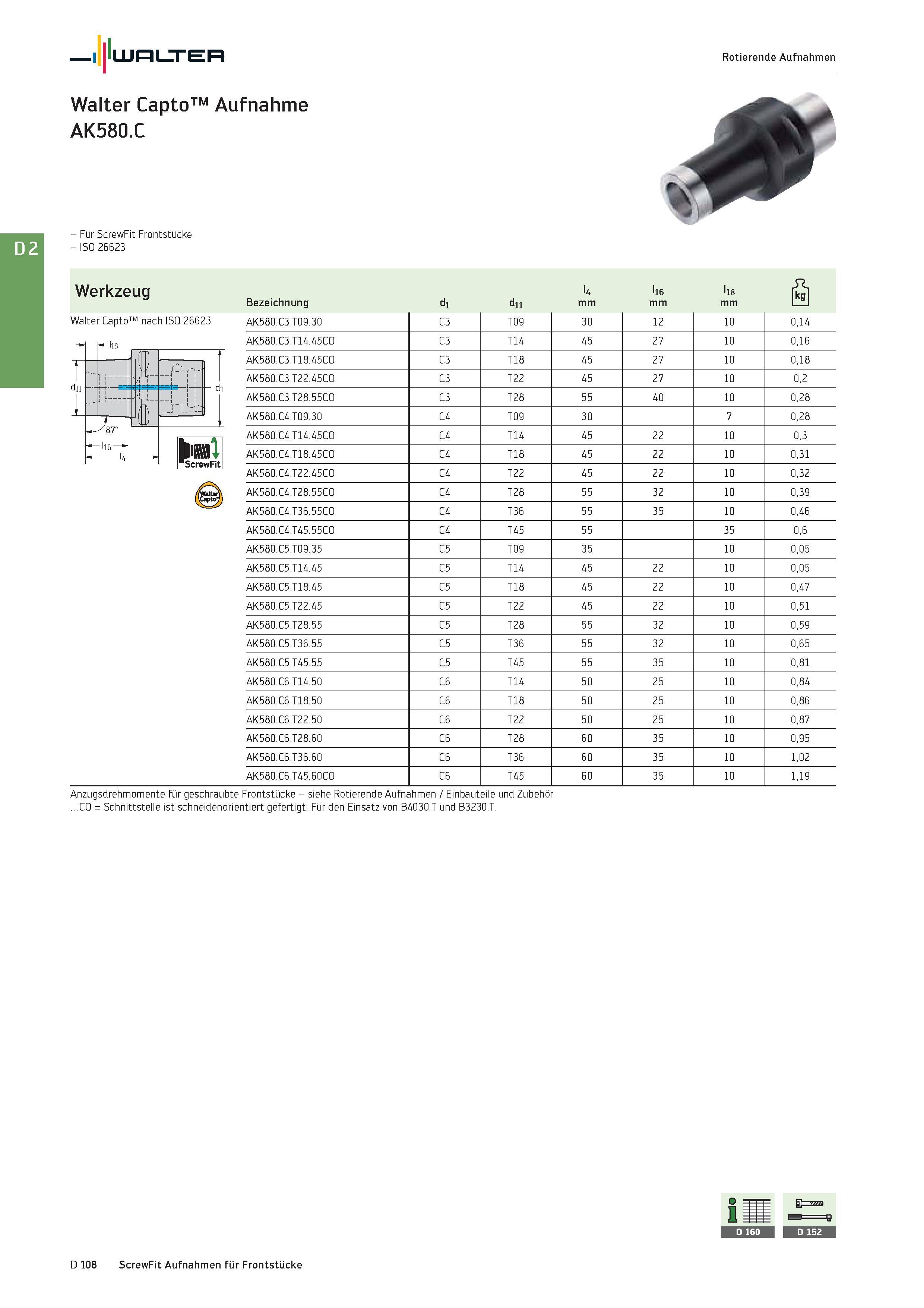 2520 - Für ScrewFit Frontstücke - ISO 26623 Werkzeug U 16 18 r& Bezeichnung d1 du mm L_l Walter Capto nach ISO 26623 AK580 C3 T09 30 C3 T09 30 12 10 0 Каталог WALTER 2016 Общий Инструмент станочный режущий и инструментальная оснастка Фрезы монолитные и сборные с твердосплавными сменными пластинами Сверла Резцы Оправки Стр. D108