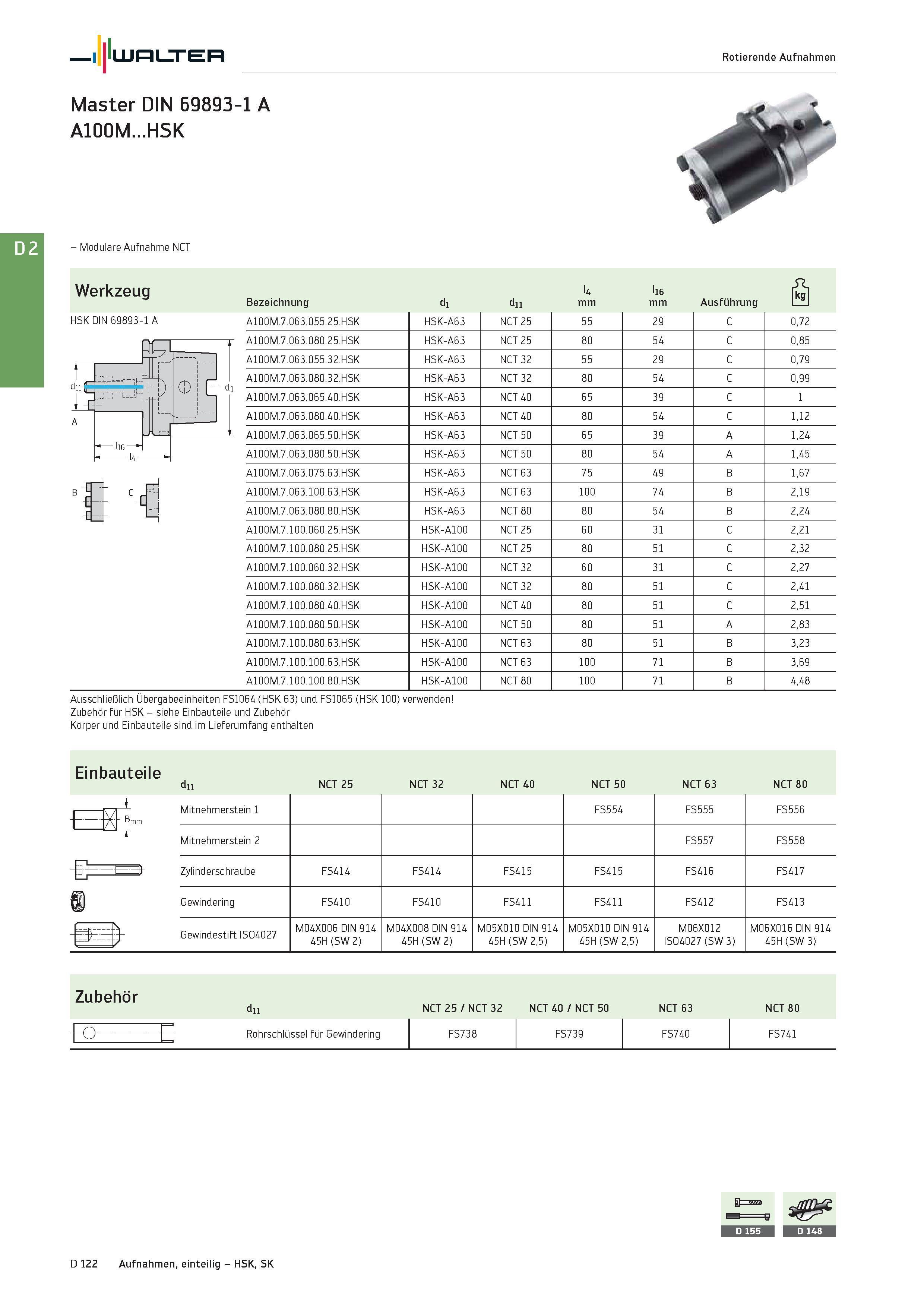 2534 Walter Rotierende Aufnahmen Master DIN 69893-1 A A100M HSK - Modulare Aufnahme NCT Werkzeug HSK DIN 69893-1 A Bezeichnung di dii l4 mm l16 mm Aus Каталог WALTER 2016 Общий Инструмент станочный режущий и инструментальная оснастка Фрезы монолитные и сборные с твердосплавными сменными пластинами Сверла Резцы Оправки Стр. D122