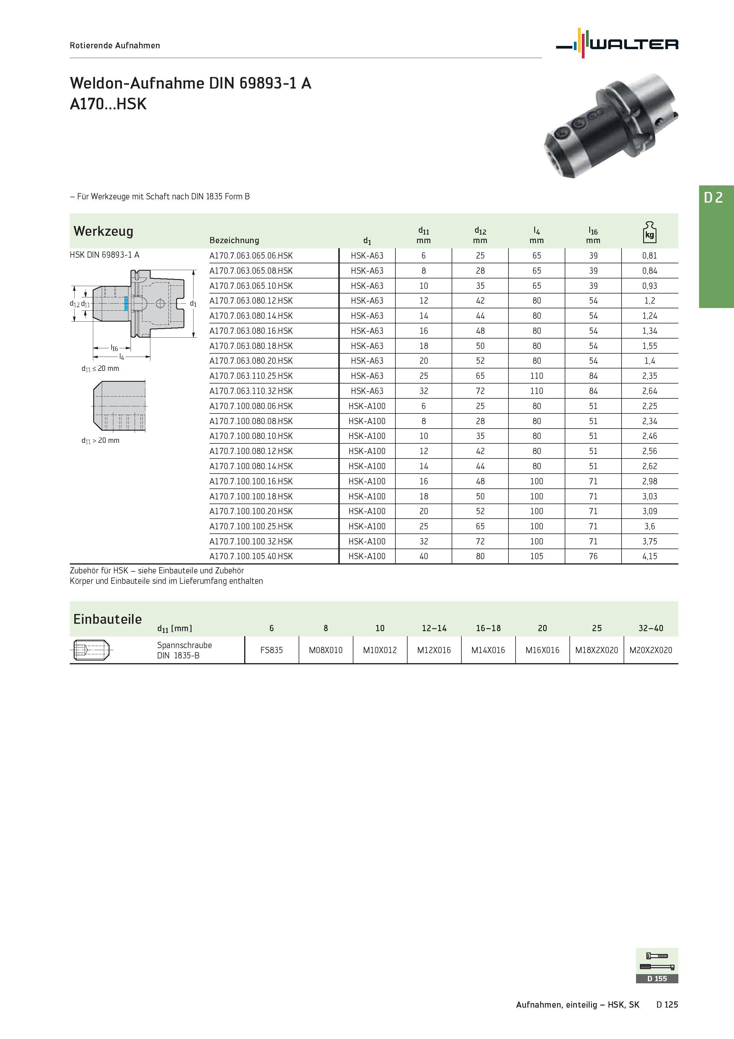 2537 Rotierende Aufnahmen Weldon-Aufnahme DIN 69893-1 A A170 HSK - Für Werkzeuge mit Schaft nach DIN 1835 Form B Werkzeug HSK DIN 69893-1 A dii > 20 m Каталог WALTER 2016 Общий Инструмент станочный режущий и инструментальная оснастка Фрезы монолитные и сборные с твердосплавными сменными пластинами Сверла Резцы Оправки Стр. D125