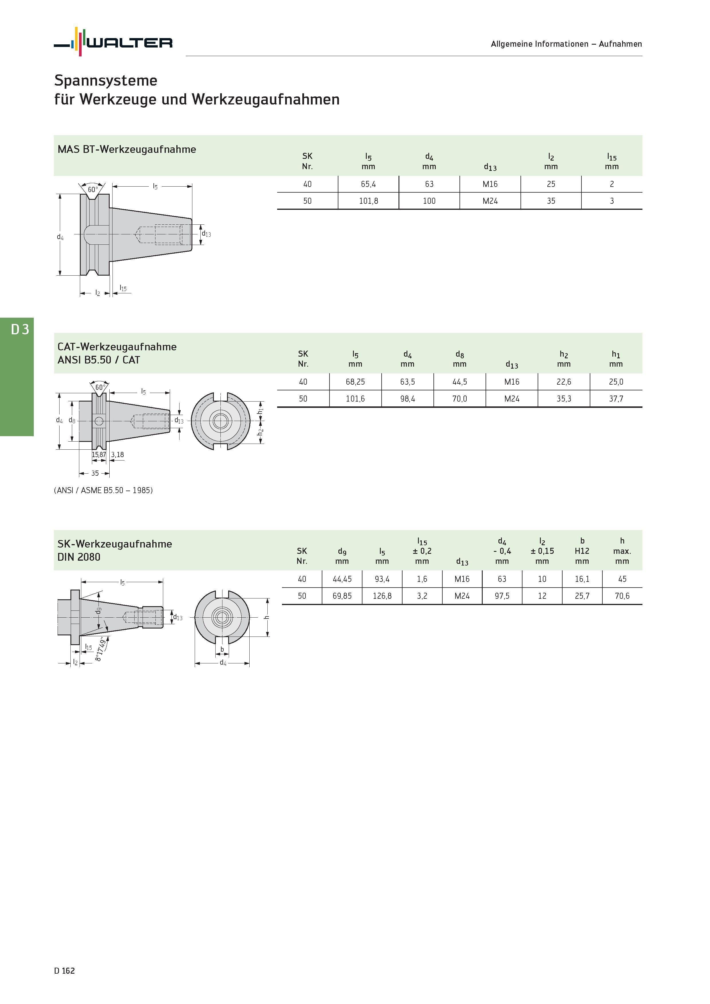 2574 Walter Allgemeine Informationen - Aufnahmen Spannsysteme für Werkzeuge und Werkzeugaufnahmen MAS BT-Werkzeugaufnahme SK d4 l2 l15 Nr mm d13 mm 40 Каталог WALTER 2016 Общий Инструмент станочный режущий и инструментальная оснастка Фрезы монолитные и сборные с твердосплавными сменными пластинами Сверла Резцы Оправки Стр. D162