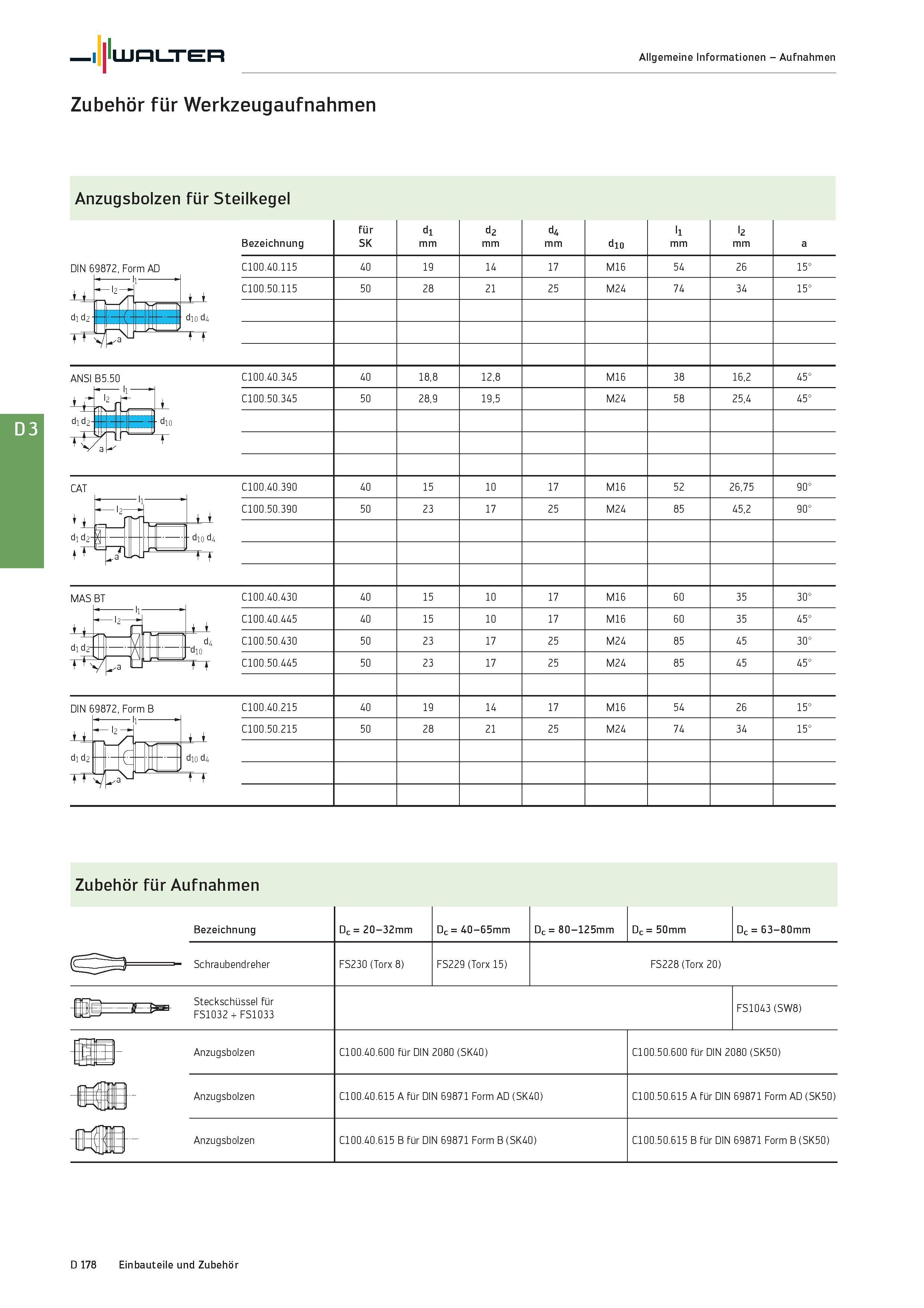 2590 Walter Zubehör für Werkzeugaufnahmen Allgemeine Informationen - Aufnahmen Anzugsbolzen für Steilkegel Bezeichnung DIN 69872, Form AD C100 40 115 Каталог WALTER 2016 Общий Инструмент станочный режущий и инструментальная оснастка Фрезы монолитные и сборные с твердосплавными сменными пластинами Сверла Резцы Оправки Стр. D178