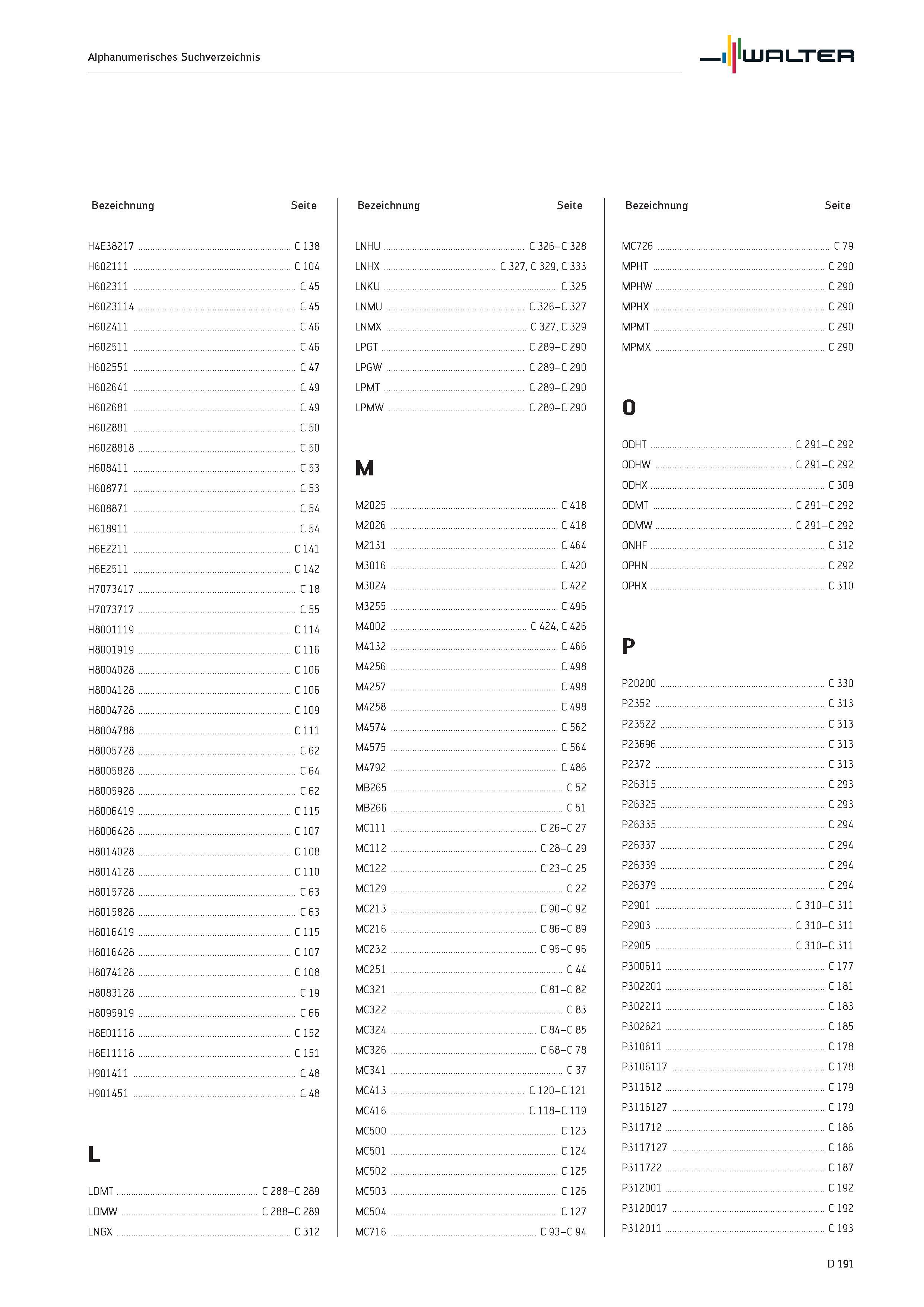 2603 Alphanumerisches Suchverzeichnis Bezeichnung Seite H4E38217 C 138 H602111 C 104 H602311 C 45 H6023114 C 45 H602411 C 46 H602511 C 46 H602551 C 47 Каталог WALTER 2016 Общий Инструмент станочный режущий и инструментальная оснастка Фрезы монолитные и сборные с твердосплавными сменными пластинами Сверла Резцы Оправки Стр. D191