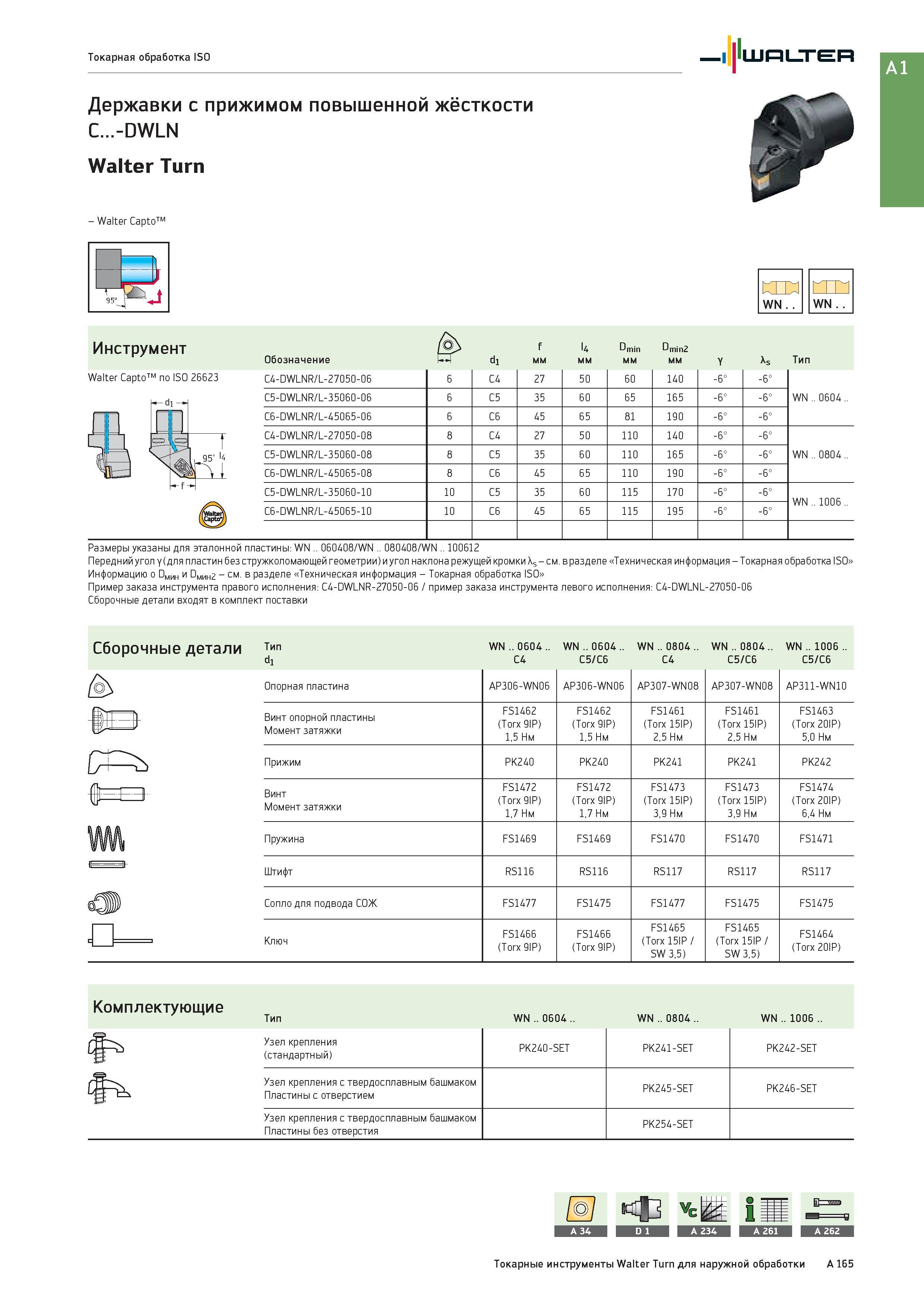 181 Державки Walter с прижимом повышенной жёсткости C -DWLN Walter Turn - Walter Capto по ISO 26623 WN Инструмент 1 f l4 Dmin Dmin2 Обозначение UA di мм Y As Каталог WALTER 2017 Инструмент металлорежущий и вспомогательный для металлообрабатывающих станков Сменные пластины Резцы Державки Расточные оправки Сверла Фрезы Патроны Стр. A165