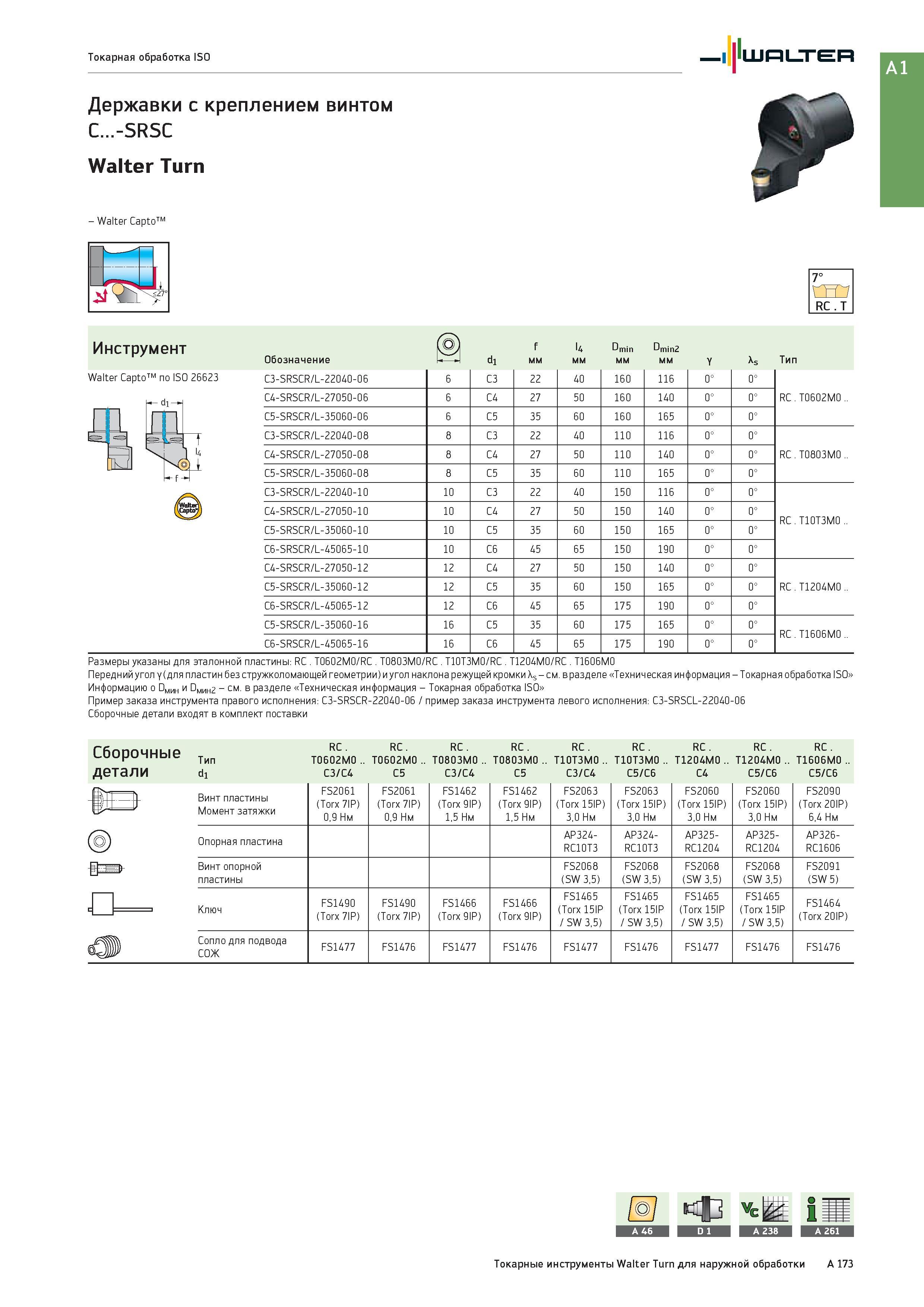 189 Державки Walter с креплением винтом C -SRSC Walter Turn - Walter Capto по ISO 26623 4- di- RC T Инструмент f l4 Dmin Dmin2 Обозначение 1 j di мм Y As Тип Каталог WALTER 2017 Инструмент металлорежущий и вспомогательный для металлообрабатывающих станков Сменные пластины Резцы Державки Расточные оправки Сверла Фрезы Патроны Стр. A173