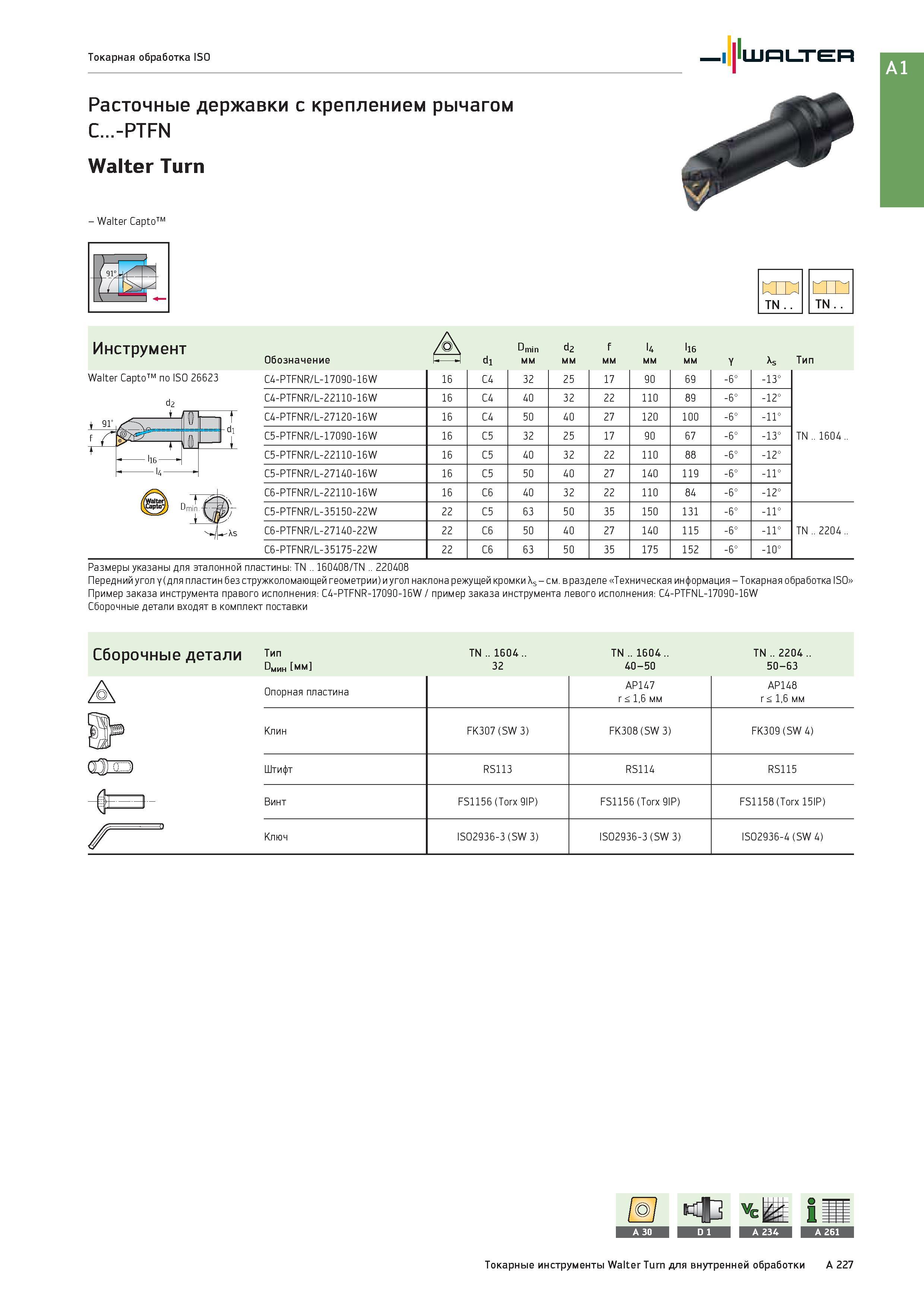243 Расточные державки Walter с креплением рычагом C -PTFN Walter Turn Инструмент Walter Capto по ISO 26623 91 4 СТО TN TN А Dmin d2 f l4 li6 Обозначение di Каталог WALTER 2017 Инструмент металлорежущий и вспомогательный для металлообрабатывающих станков Сменные пластины Резцы Державки Расточные оправки Сверла Фрезы Патроны Стр. A227