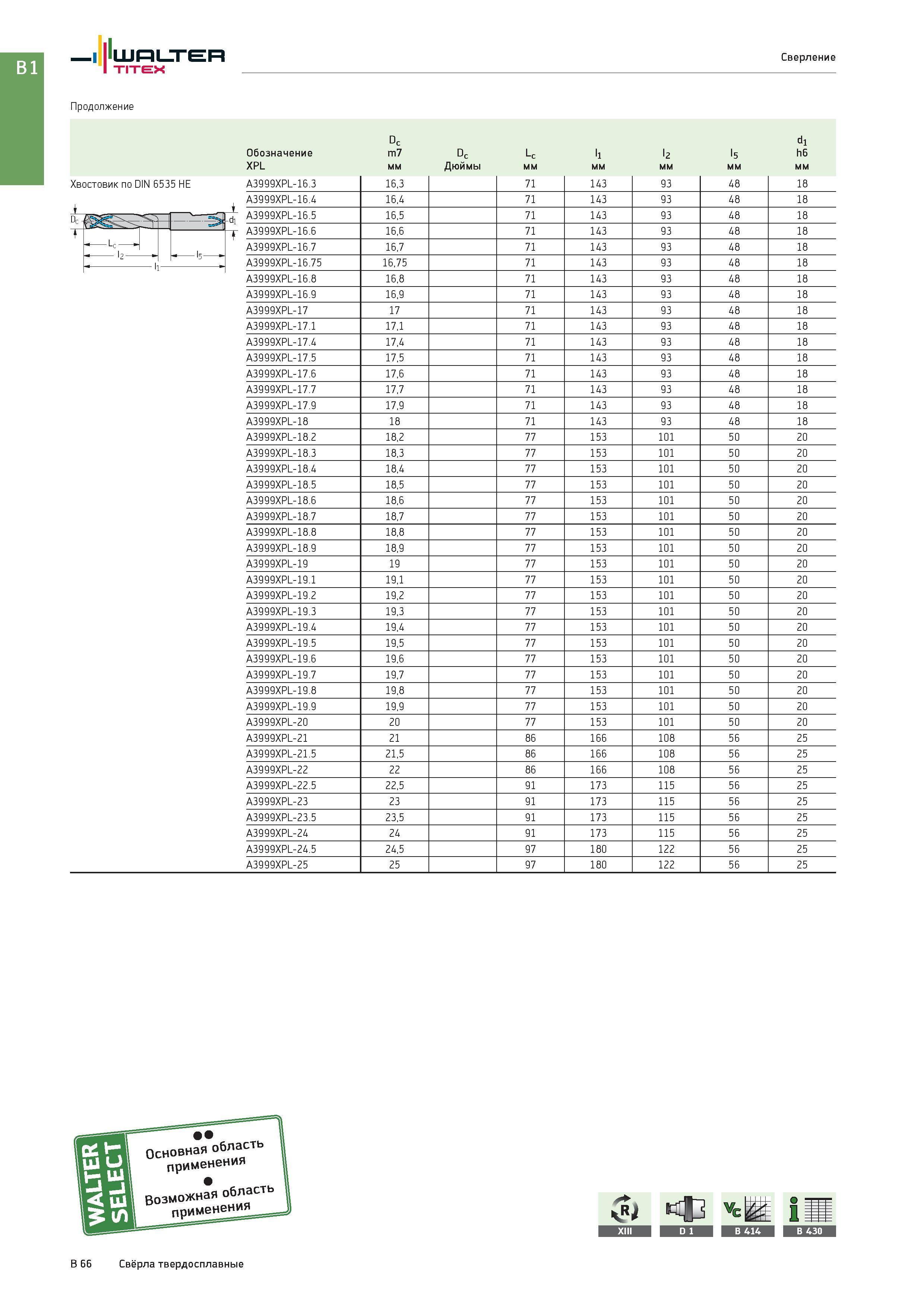 580 Walter Titex Сверление Продолжение Dc dl Обозначение m7 Dc Lc l1 l2 l5 h6 XPL мм Дюймы Хвостовик по DIN 6535 HE Цилиндрический с лыской типа Whistle Notc Каталог WALTER 2017 Инструмент металлорежущий и вспомогательный для металлообрабатывающих станков Сменные пластины Резцы Державки Расточные оправки Сверла Фрезы Патроны Стр. B66