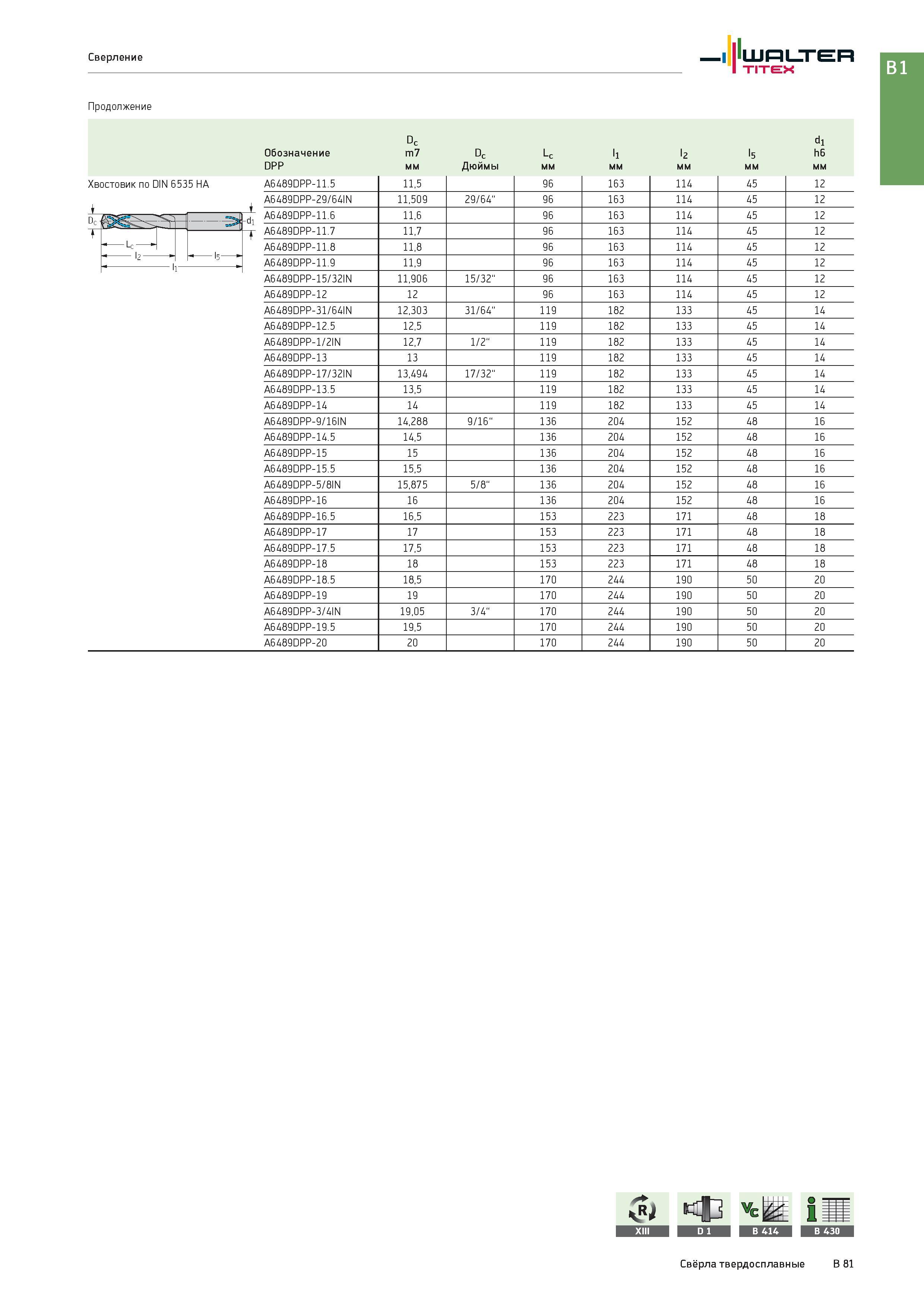 595 Сверление Walter Titex Продолжение Dc dl Обозначение m7 Dc Lc l1 l2 l5 h6 DPP мм Дюймы Хвостовик по DIN 6535 HA цилиндрический (ц/х) A6489DPP-11 5 11,5 9 Каталог WALTER 2017 Инструмент металлорежущий и вспомогательный для металлообрабатывающих станков Сменные пластины Резцы Державки Расточные оправки Сверла Фрезы Патроны Стр. B81