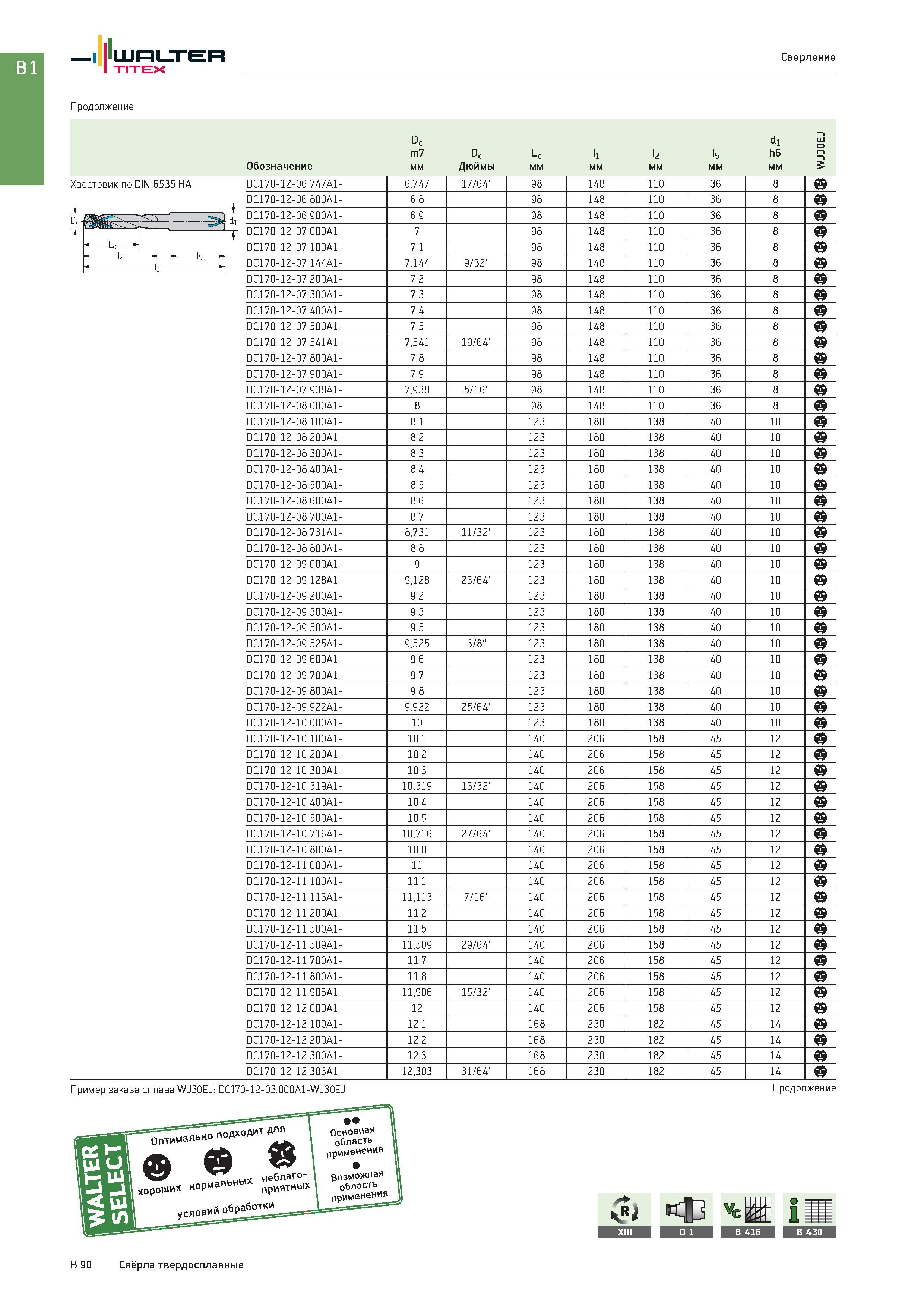 604 Walter Titex Сверление Продолжение Dc di 0 m7 Dc Lc l1 l2 l5 h6 m Обозначение мм Дюймы 5 Хвостовик по DIN 6535 HA цилиндрический (ц/х) Dc- 3 1 di Lc t l Каталог WALTER 2017 Инструмент металлорежущий и вспомогательный для металлообрабатывающих станков Сменные пластины Резцы Державки Расточные оправки Сверла Фрезы Патроны Стр. B90