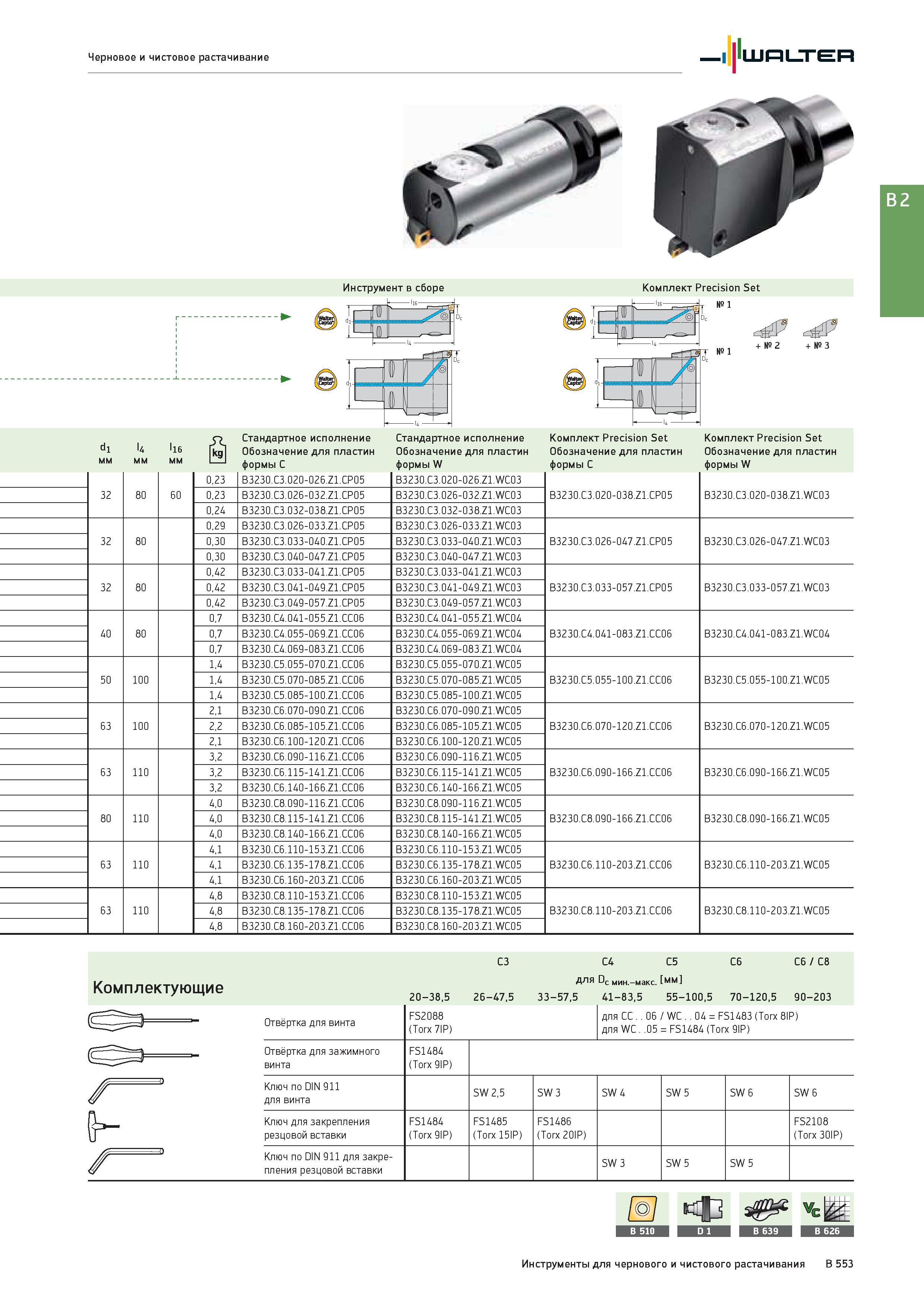 1067 Черновое и чистовое растачивание Walter Инструмент в сборе Комплект Precision Set + № 2 + № 3 di 14 мм >16 мм Стандартное исполнение Обозначение для плас Каталог WALTER 2017 Инструмент металлорежущий и вспомогательный для металлообрабатывающих станков Сменные пластины Резцы Державки Расточные оправки Сверла Фрезы Патроны Стр. B553