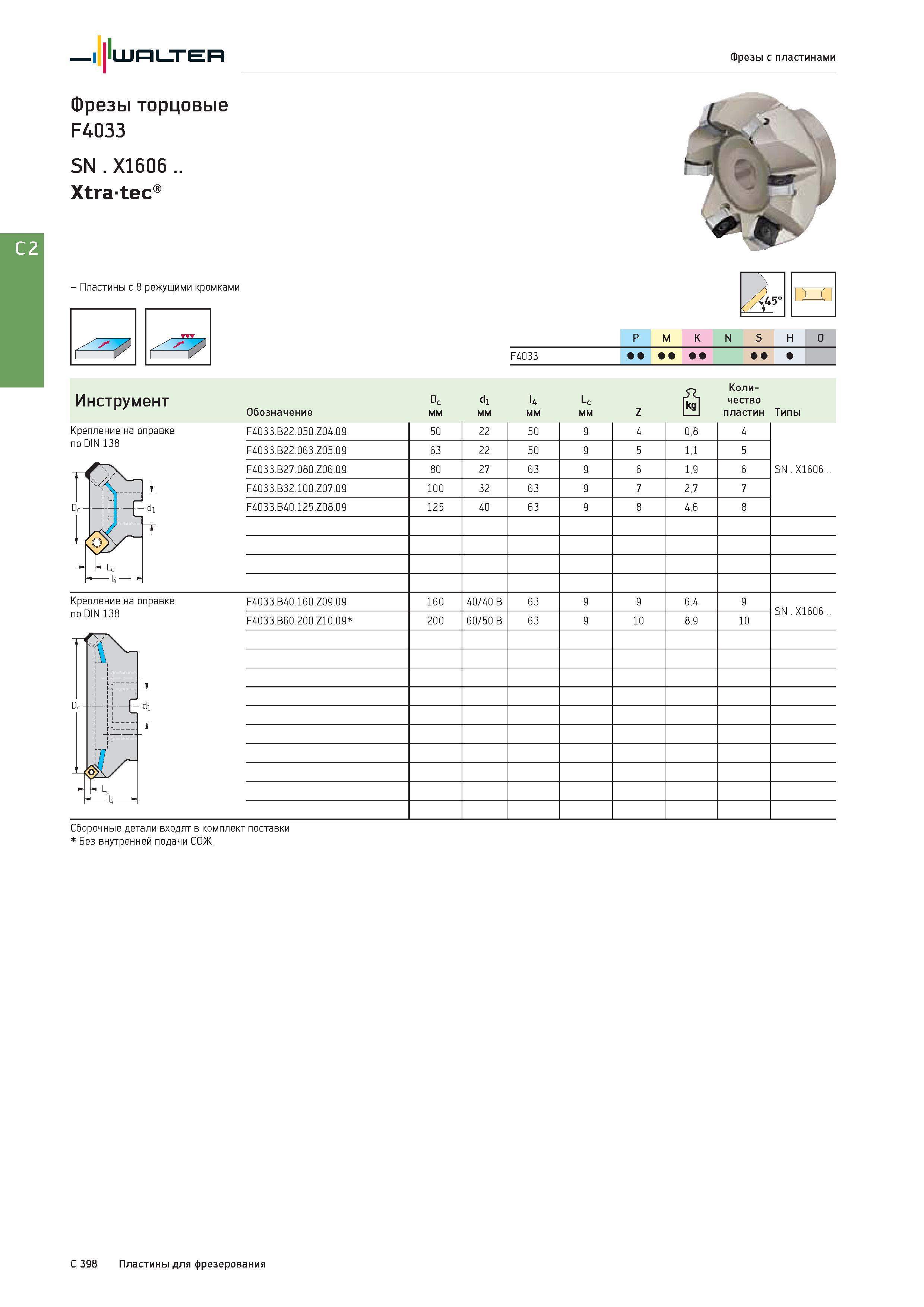 2110 I 'Ш1=11 Л ЕИ Фрезы торцовые F4033 SN X1606 Xtratec Фрезы с пластинами - Пластины с 8 режущими кромками <45° P M K N S H O Группы обрабатываемых материал Каталог WALTER 2017 Инструмент металлорежущий и вспомогательный для металлообрабатывающих станков Сменные пластины Резцы Державки Расточные оправки Сверла Фрезы Патроны Стр. C398