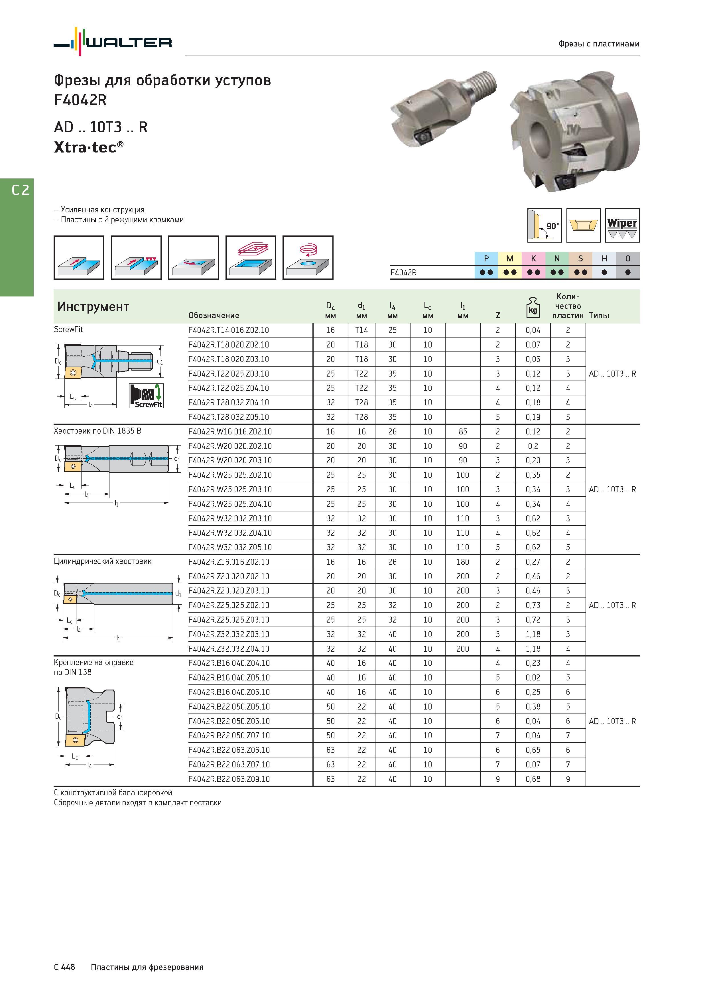 2160 Walter Фрезы с пластинами Фрезы для обработки уступов F4042R AD 10T3 R Xtratec - Усиленная конструкция Пластины с 2 режущими кромками Wiper P M K N S H O Каталог WALTER 2017 Инструмент металлорежущий и вспомогательный для металлообрабатывающих станков Сменные пластины Резцы Державки Расточные оправки Сверла Фрезы Патроны Стр. C448