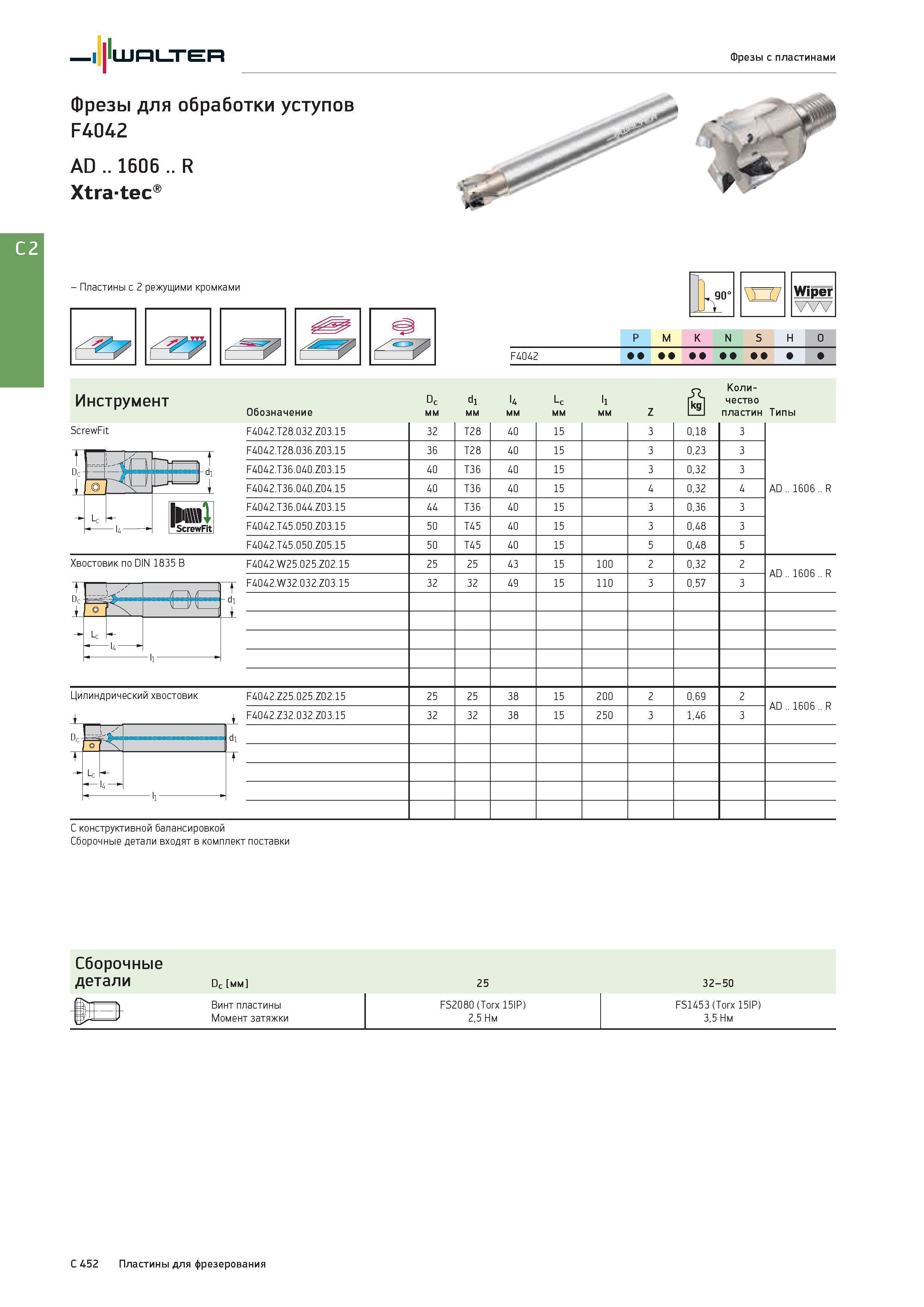 2164 Walter Фрезы с пластинами Фрезы для обработки уступов F4042 AD 1606 R Xtratec Пластины с 2 режущими кромками Wiper P M K N S H O Группы обрабатываемых ма Каталог WALTER 2017 Инструмент металлорежущий и вспомогательный для металлообрабатывающих станков Сменные пластины Резцы Державки Расточные оправки Сверла Фрезы Патроны Стр. C452