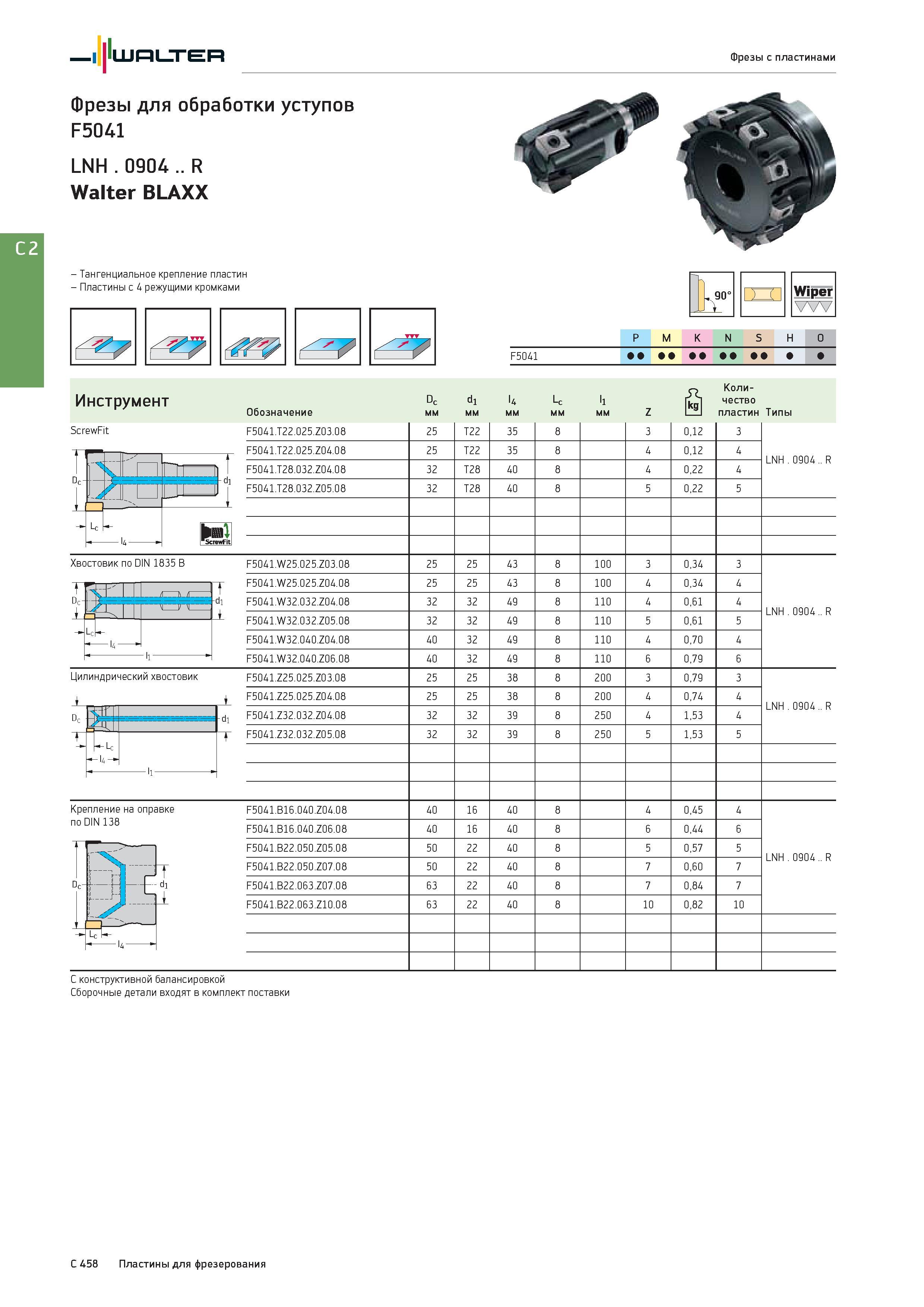 2170 Walter Фрезы с пластинами Фрезы для обработки уступов F5041 LNH 0904 R Walter BLAXX - Тангенциальное крепление пластин - Пластины с 4 режущими кромками J Каталог WALTER 2017 Инструмент металлорежущий и вспомогательный для металлообрабатывающих станков Сменные пластины Резцы Державки Расточные оправки Сверла Фрезы Патроны Стр. C458