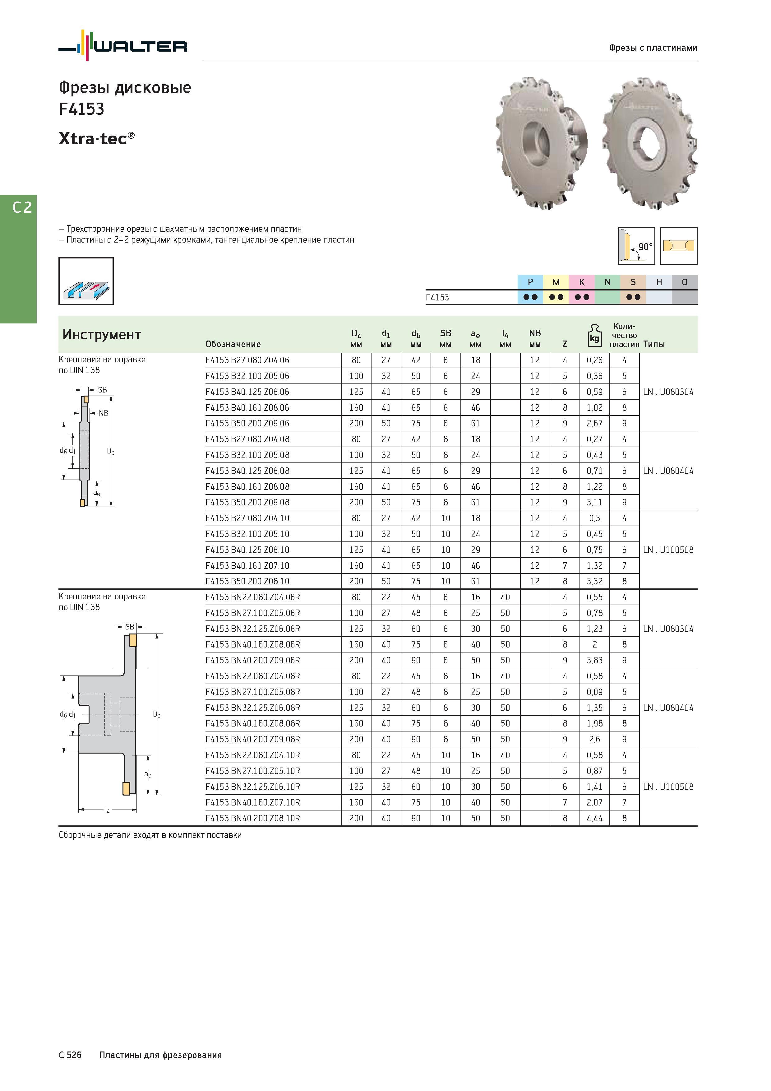 2238 Walter Фрезы с пластинами Фрезы дисковые F4153 Xtratec - Трехсторонние фрезы с шахматным расположением пластин - Пластины с 2+2 режущими кромками, танген Каталог WALTER 2017 Инструмент металлорежущий и вспомогательный для металлообрабатывающих станков Сменные пластины Резцы Державки Расточные оправки Сверла Фрезы Патроны Стр. C526