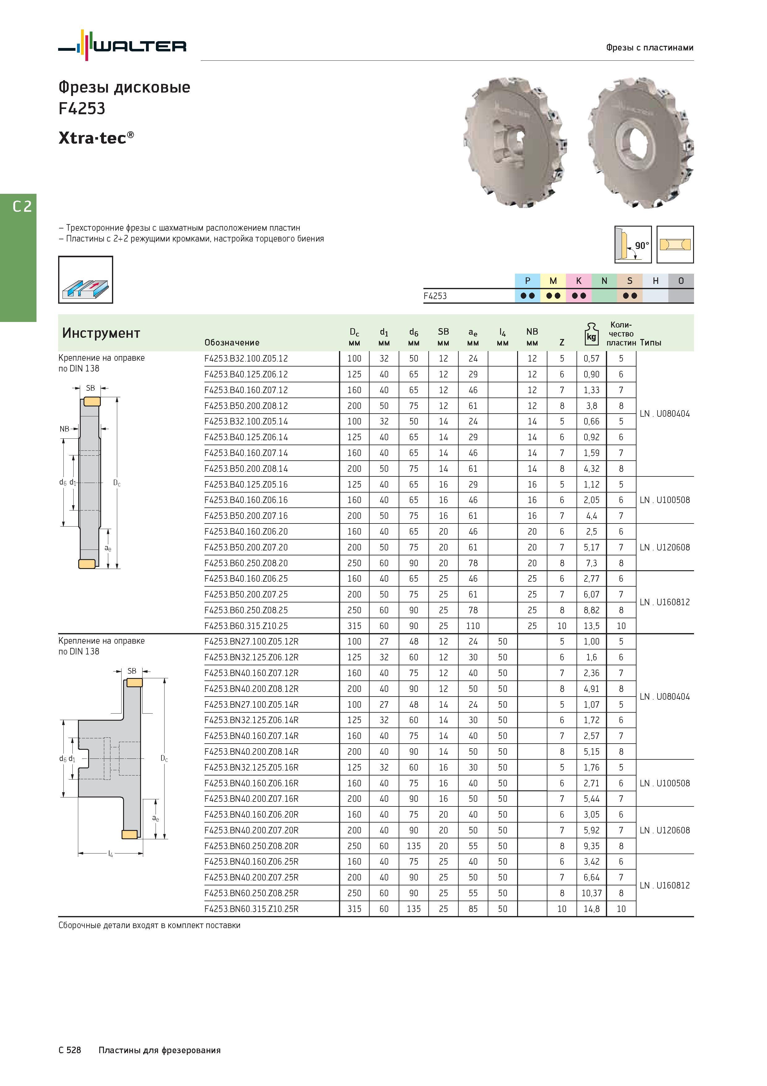 2240 Walter Фрезы с пластинами Фрезы дисковые F4253 Xtratec - Трехсторонние фрезы с шахматным расположением пластин - Пластины с 2+2 режущими кромками, настро Каталог WALTER 2017 Инструмент металлорежущий и вспомогательный для металлообрабатывающих станков Сменные пластины Резцы Державки Расточные оправки Сверла Фрезы Патроны Стр. C528