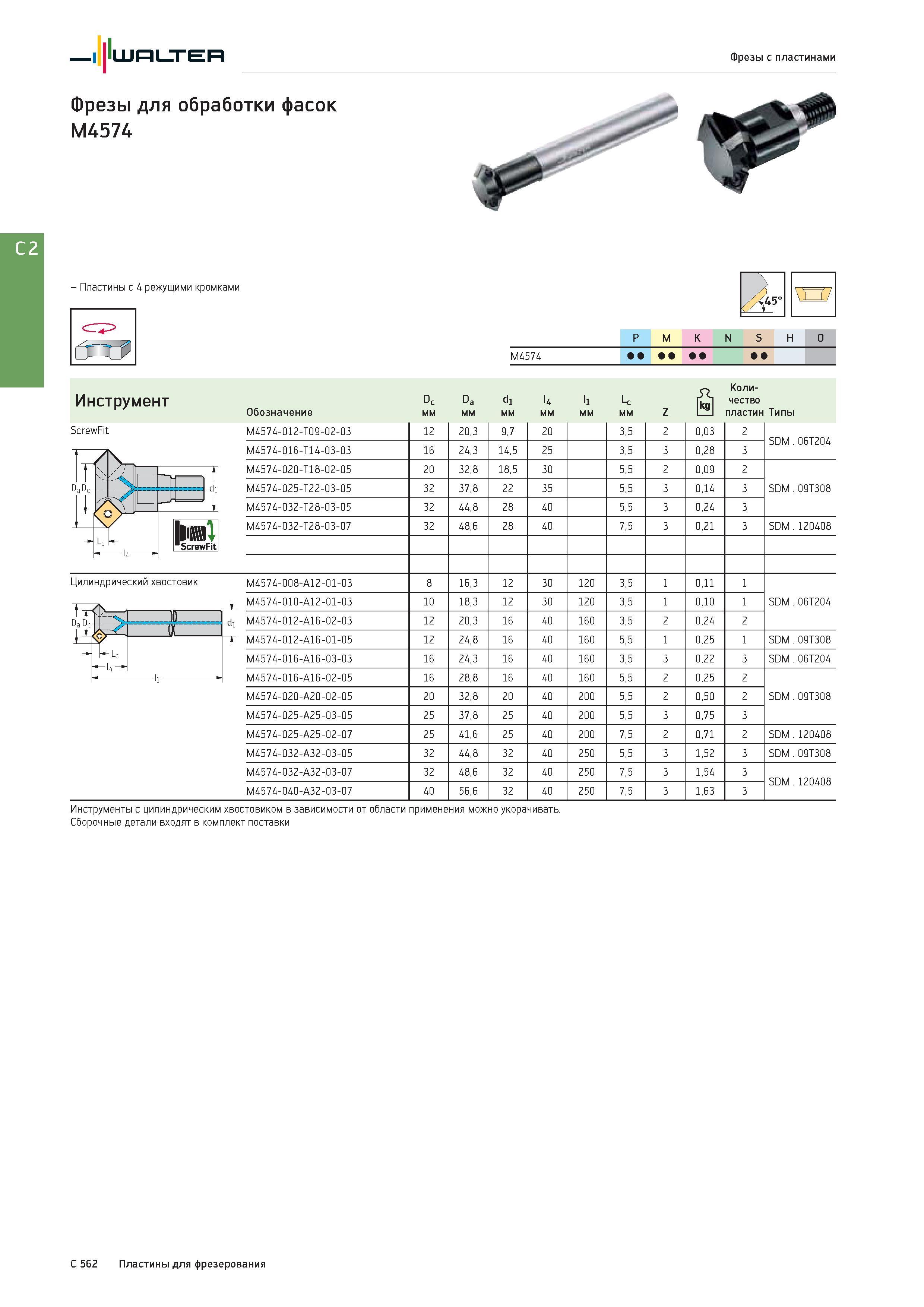 2274 Walter Фрезы с пластинами Фрезы для обработки фасок M4574 - Пластины с 4 режущими кромками ScrewFit 45° P M K N S H O Группы обрабатываемых материалов по Каталог WALTER 2017 Инструмент металлорежущий и вспомогательный для металлообрабатывающих станков Сменные пластины Резцы Державки Расточные оправки Сверла Фрезы Патроны Стр. C562