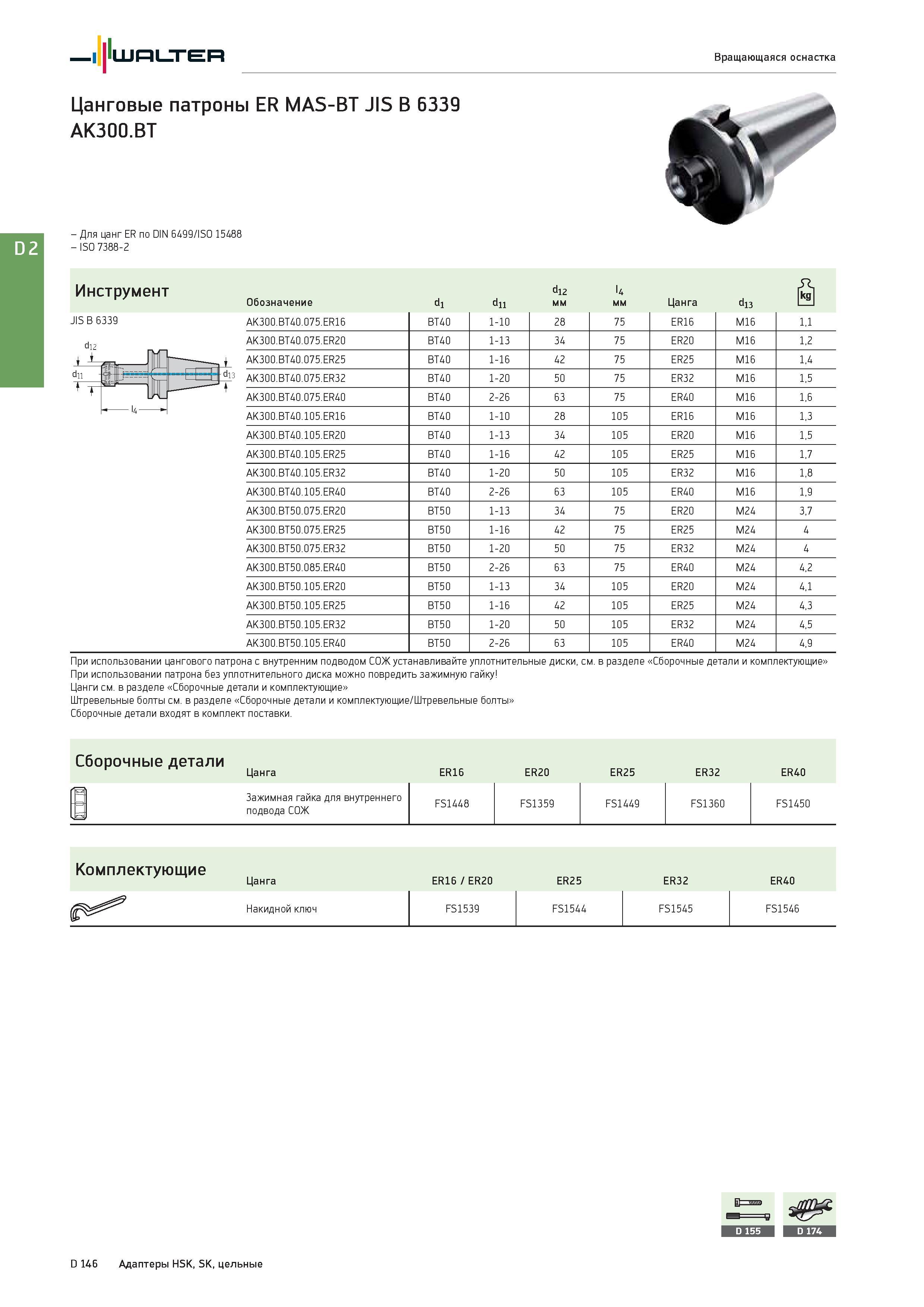 2558 Walter Вращающаяся оснастка Цанговые патроны ER MAS-BT JIS B 6339 AK300 BT - Для цанг ER по DIN 6499/ISO 15488 - ISO 7388-2 Инструмент Обозначение d1 d11 Каталог WALTER 2017 Инструмент металлорежущий и вспомогательный для металлообрабатывающих станков Сменные пластины Резцы Державки Расточные оправки Сверла Фрезы Патроны Стр. D146