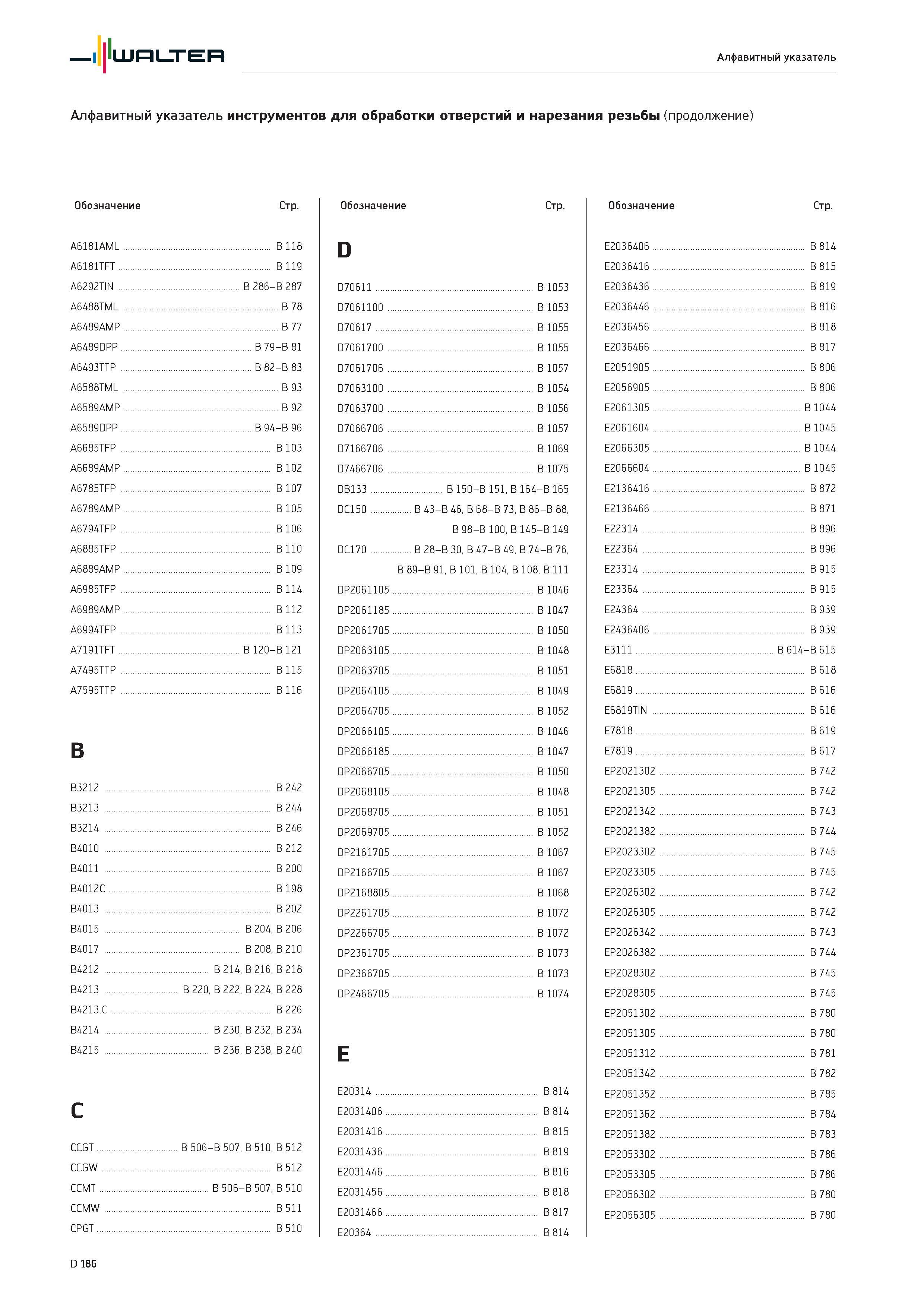 2598 Walter Алфавитный указатель Алфавитный указатель инструментов для обработки отверстий и нарезания резьбы Обозначение Стр A6181AML B 118 A6181TFT B 119 A6 Каталог WALTER 2017 Инструмент металлорежущий и вспомогательный для металлообрабатывающих станков Сменные пластины Резцы Державки Расточные оправки Сверла Фрезы Патроны Стр. D186