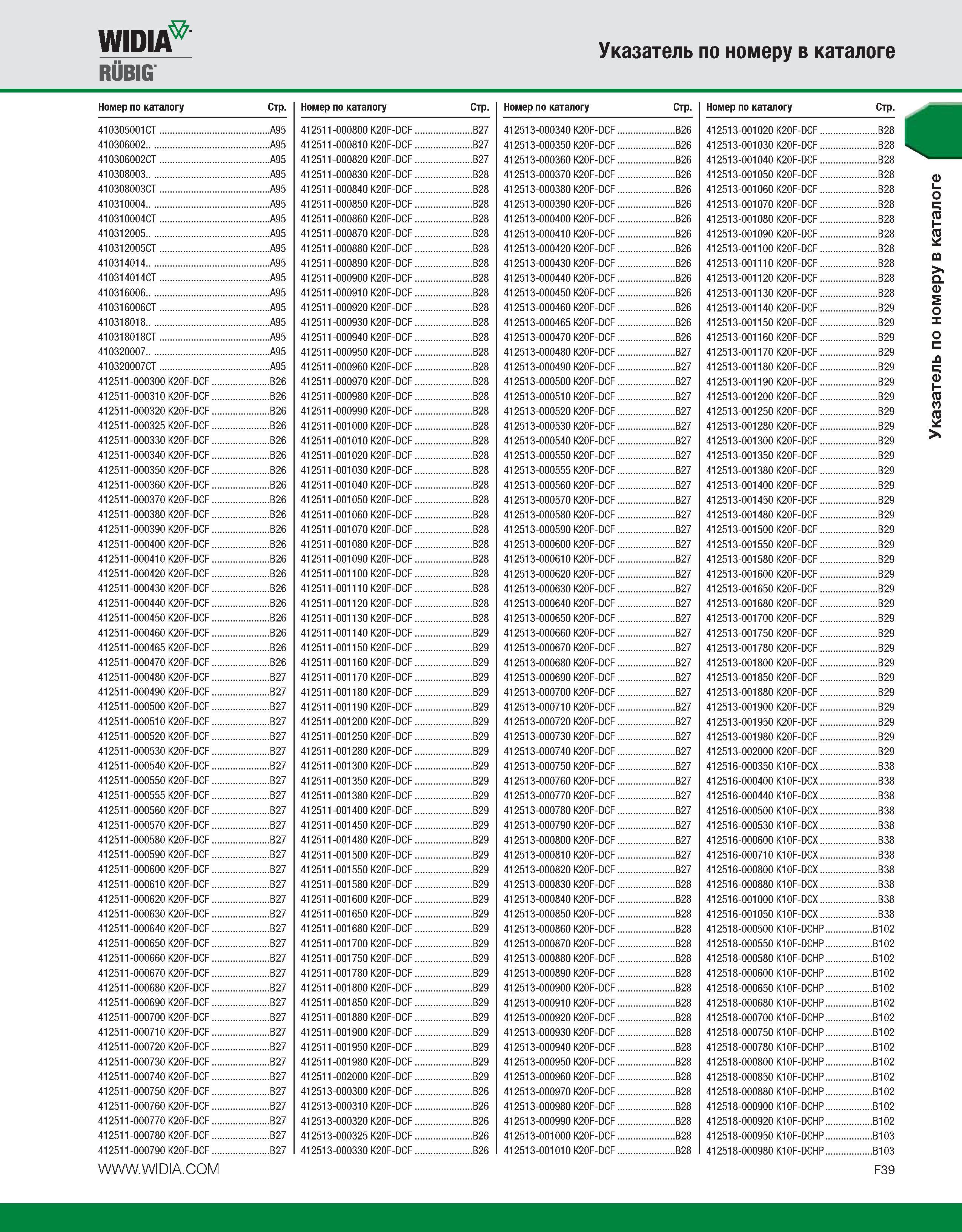 585 widmP RUBIG Указатель по номеру в каталоге Номер по каталогу Стр Номер по каталогу Стр Номер по каталогу Стр Номер по каталогу Стр 410305001CT A95 412511-0 Каталог WIDIA 2010 Режущий осевой инструмент Цельные концевые фрезы из твердого сплава и быстрорежущие Сверла спиральные Развертки многолезвийные Стр. F39