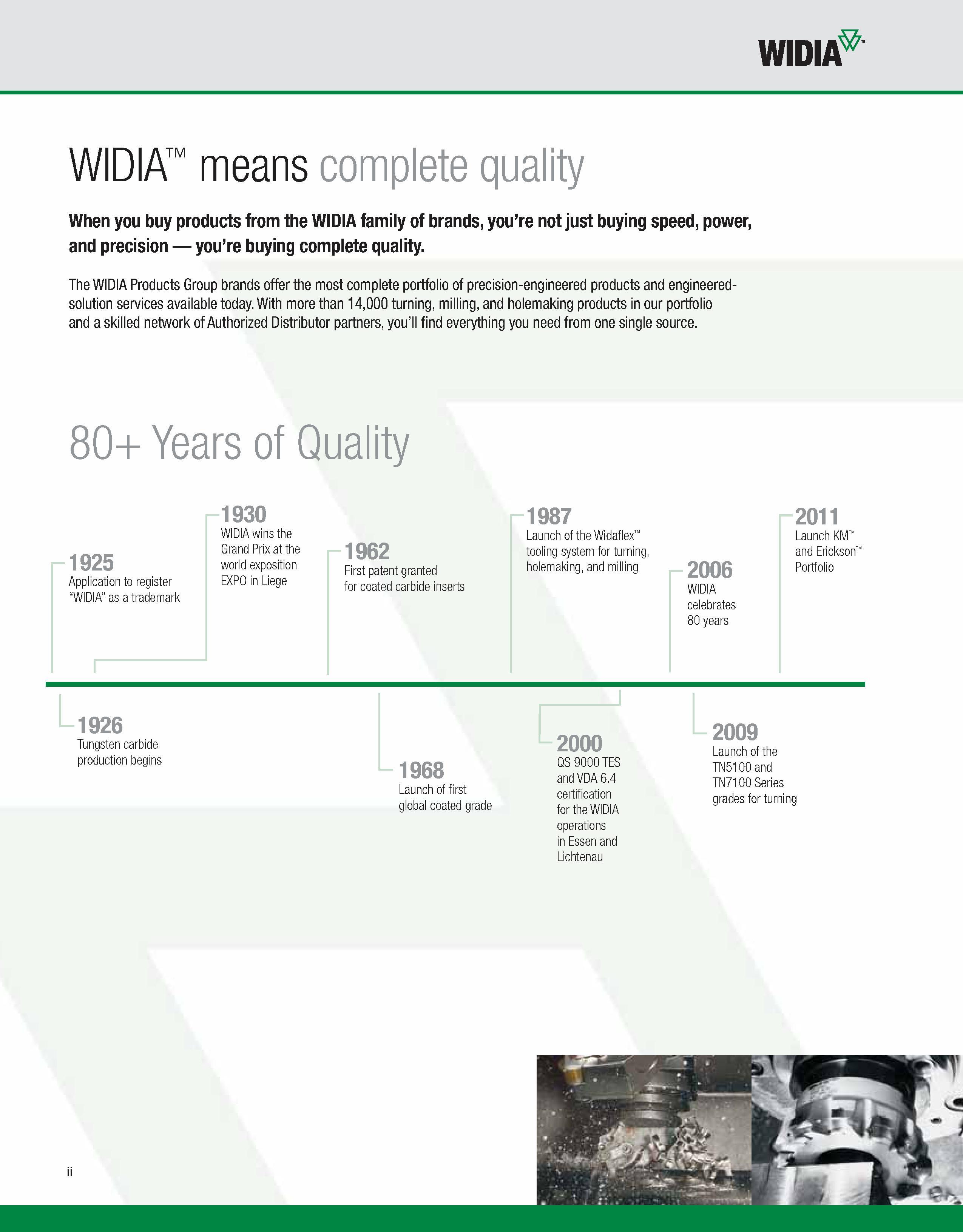 4 WIDIA WIDIA means complete quality When you buy products from the WIDIA family of brands, you’re not just buying speed, power, and precision you’ Каталог WIDIA 2011 Инструментальная оснастка для металлорежущих станков Вспомогательный инструмент для оборудования Адаптеры Насадки Оправки Патроны Стр. II ENG