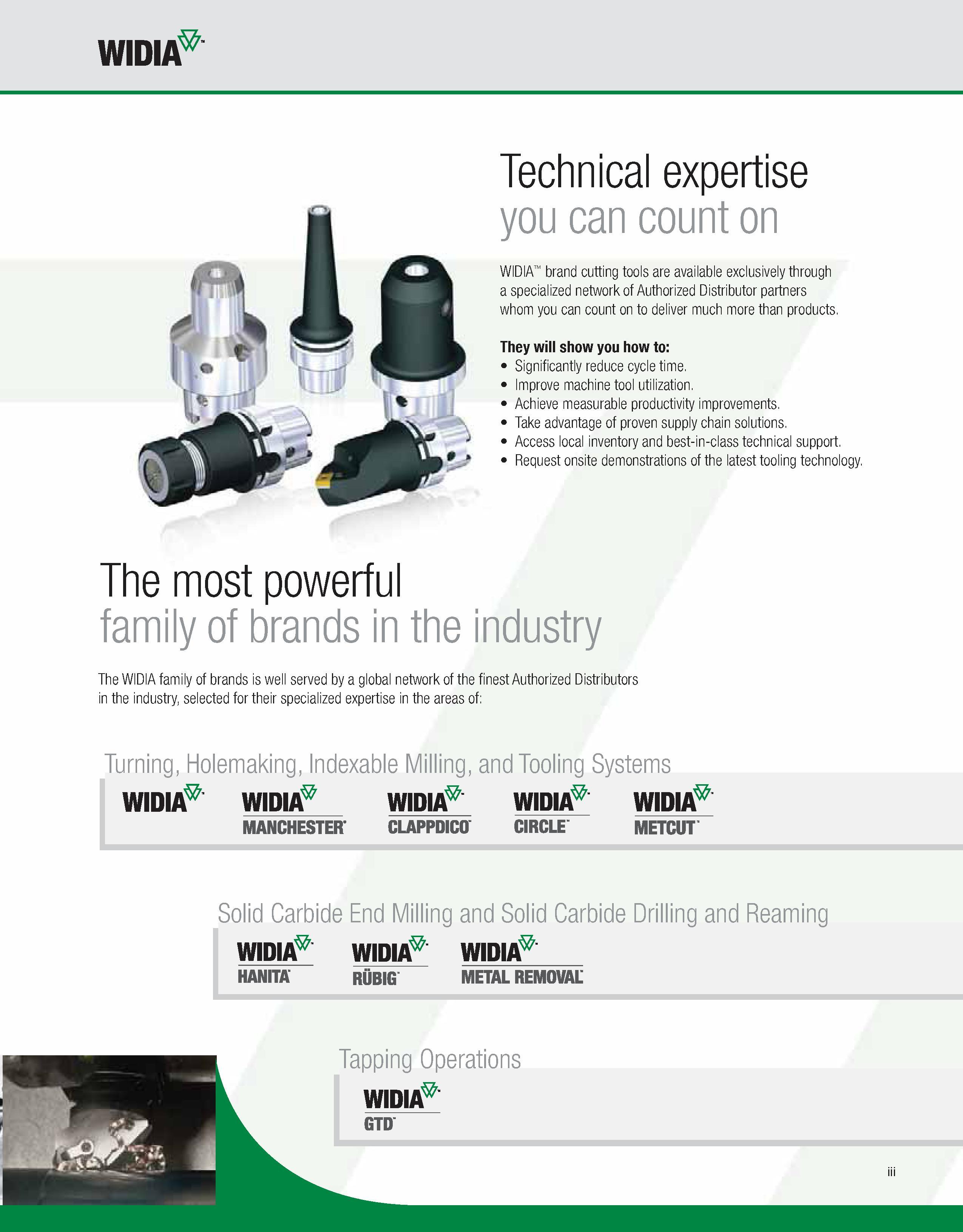 5 WIDIA Technical expertise you can count on WIDIA brand cutting tools are available exclusively through a specialized network of Authorized Distri Каталог WIDIA 2011 Инструментальная оснастка для металлорежущих станков Вспомогательный инструмент для оборудования Адаптеры Насадки Оправки Патроны Стр. III ENG