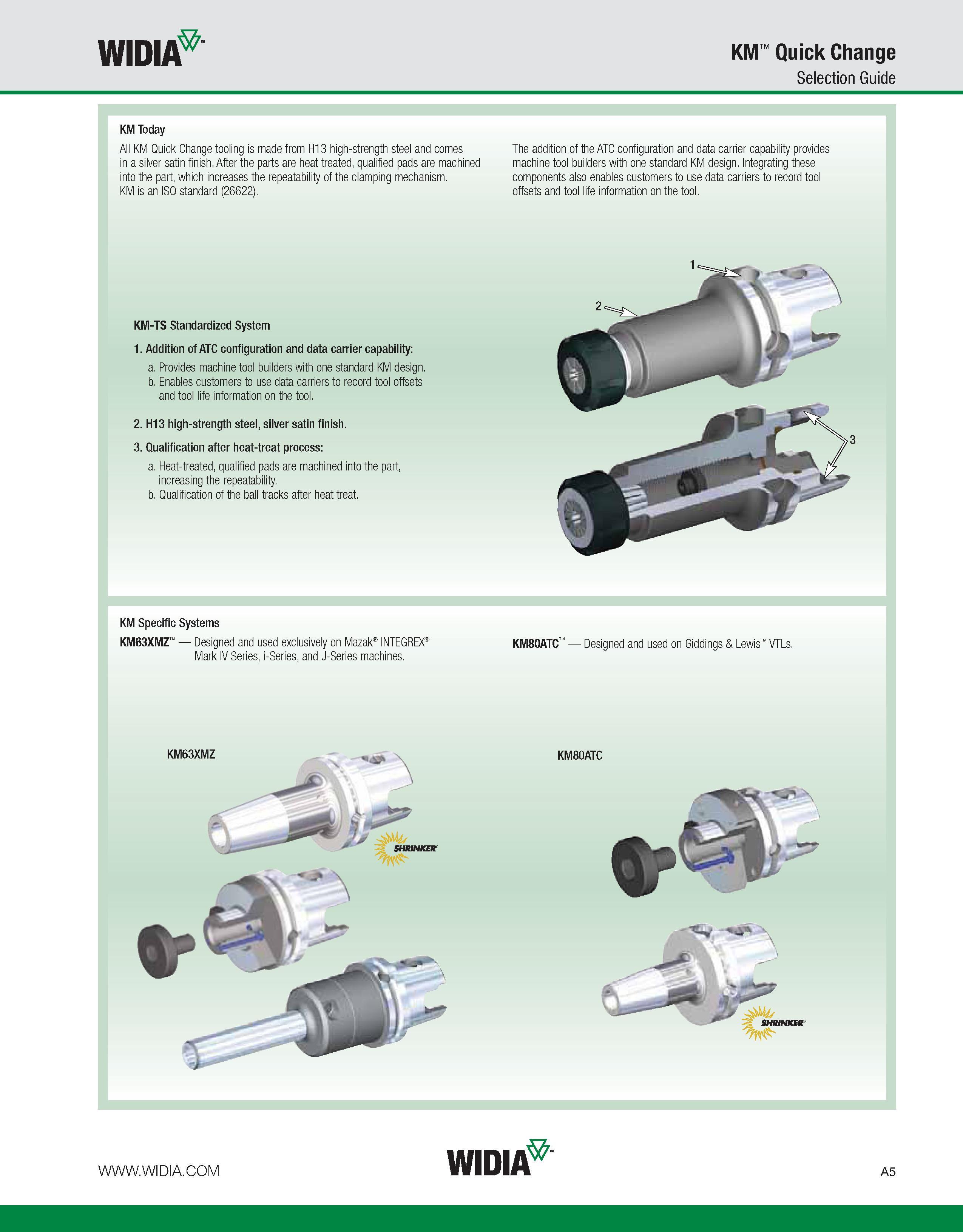 15 WIDIA KM Quick Change Selection Guide KM Today All KM Quick Change tooling is made from H13 high-strength steel and comes in a silver satin finis Каталог WIDIA 2011 Инструментальная оснастка для металлорежущих станков Вспомогательный инструмент для оборудования Адаптеры Насадки Оправки Патроны Стр. A5 ENG