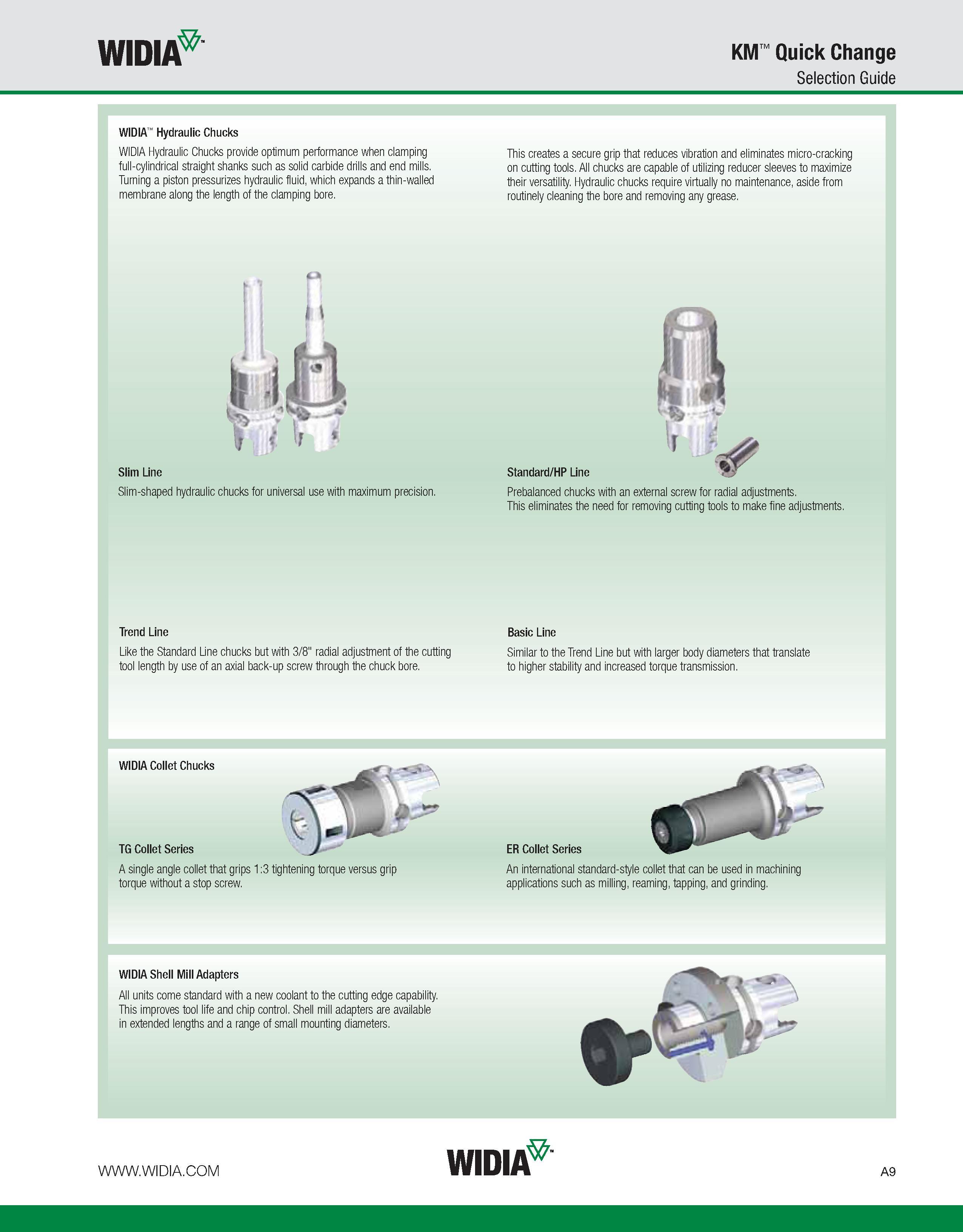 19 WIDIA KM Quick Change Selection Guide WIDIA Hydraulic Chucks WIDIA Hydraulic Chucks provide optimum performance when clamping full-cylindrical st Каталог WIDIA 2011 Инструментальная оснастка для металлорежущих станков Вспомогательный инструмент для оборудования Адаптеры Насадки Оправки Патроны Стр. A9 ENG