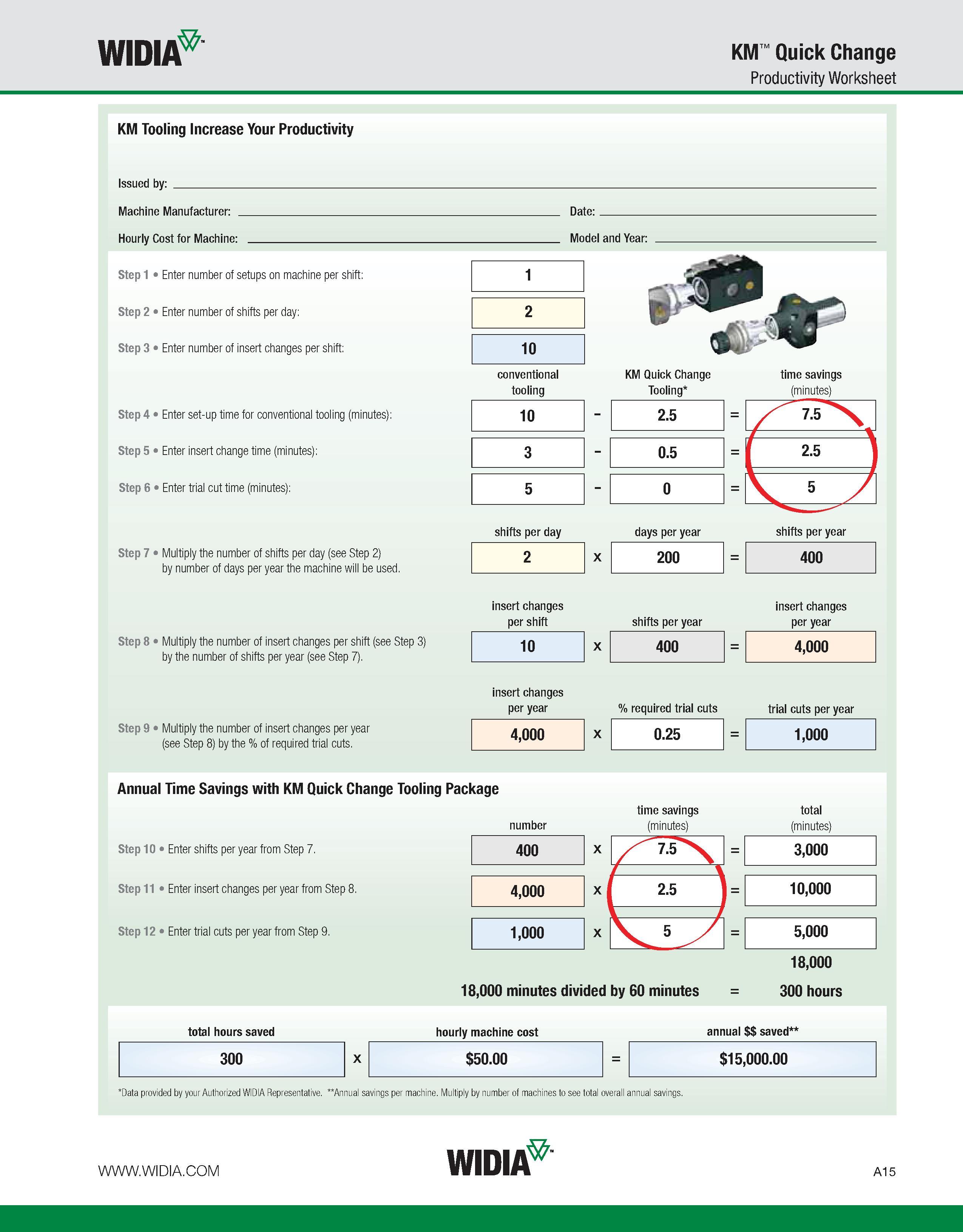 25 WIDIA KM Quick Change Productivity Worksheet KM Tooling Increase Your Productivity Issued by: Machine Manufacturer: _ Hourly Cost for Machine: St Каталог WIDIA 2011 Инструментальная оснастка для металлорежущих станков Вспомогательный инструмент для оборудования Адаптеры Насадки Оправки Патроны Стр. A15 ENG