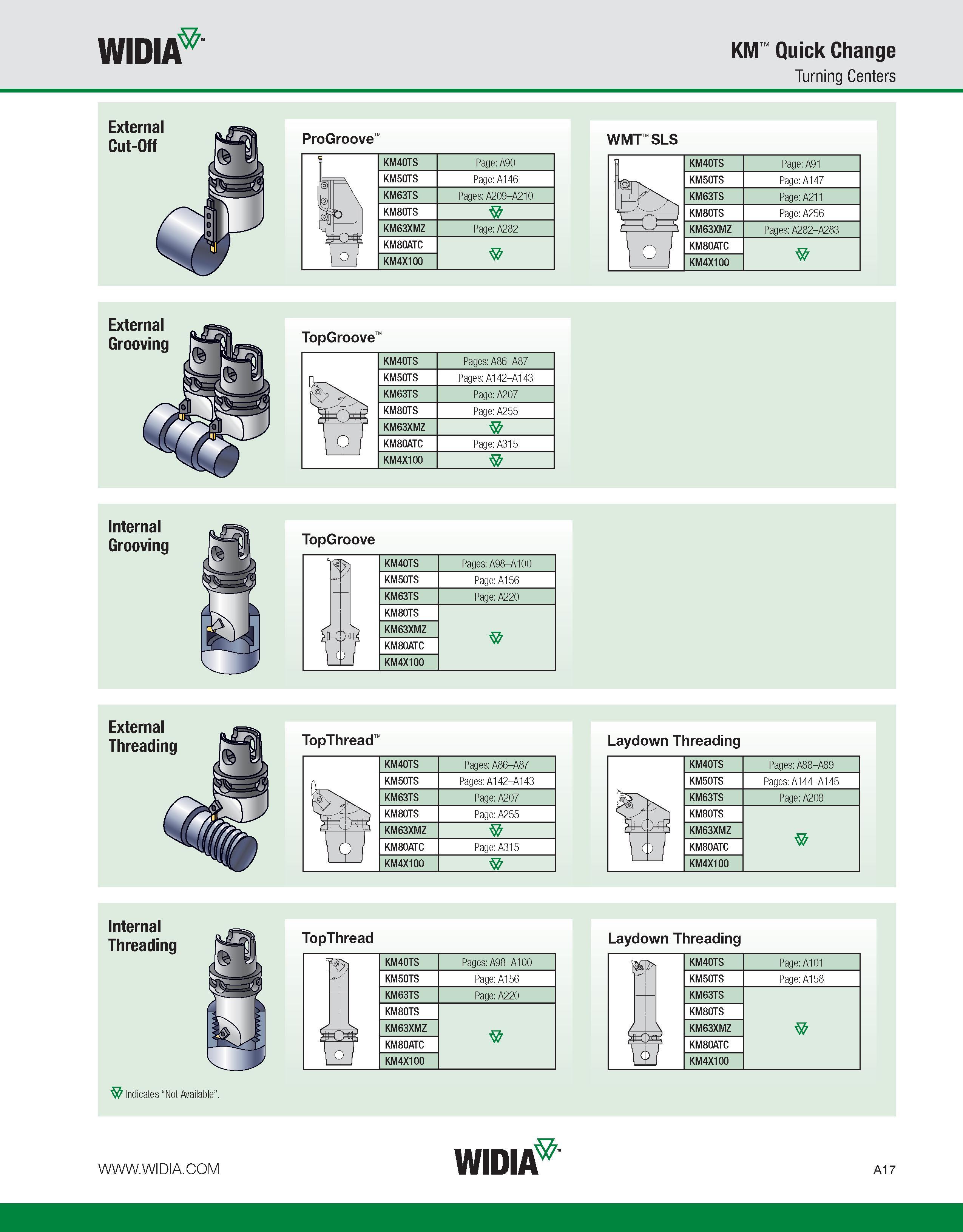 27 WIDIA KM Quick Change Turning Centers Internal Grooving TopGroove KM40TS KM50TS KM63TS KM80TS KM63XMZ KM80ATC KM4X100 Pages: A98-A100 Page: A156 Каталог WIDIA 2011 Инструментальная оснастка для металлорежущих станков Вспомогательный инструмент для оборудования Адаптеры Насадки Оправки Патроны Стр. A17 ENG