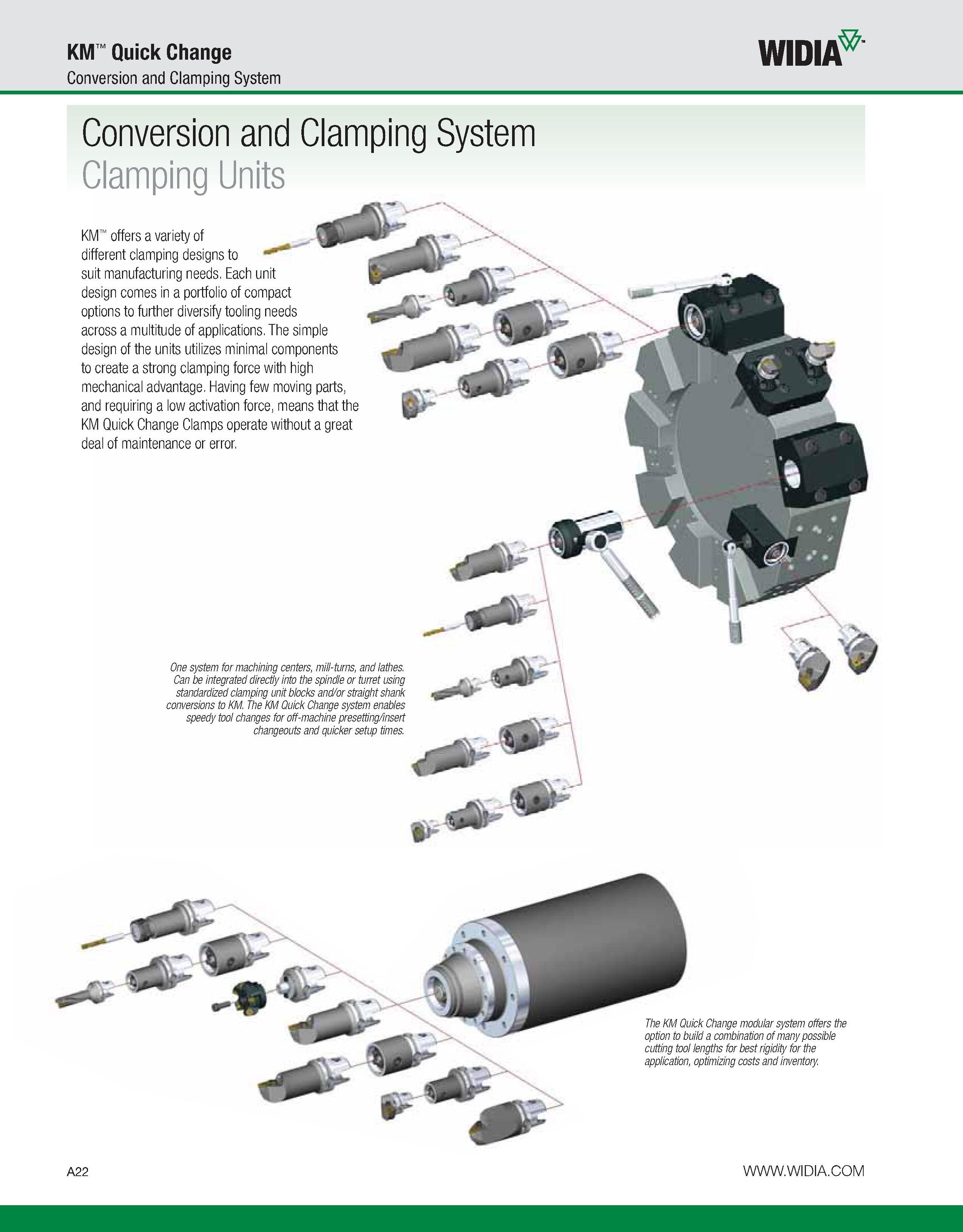 32 KM Quick Change Conversion and Clamping System WIDIA Conversion and Clamping System Clamping Units KM offers a variety of different clamping desi Каталог WIDIA 2011 Инструментальная оснастка для металлорежущих станков Вспомогательный инструмент для оборудования Адаптеры Насадки Оправки Патроны Стр. A22 ENG