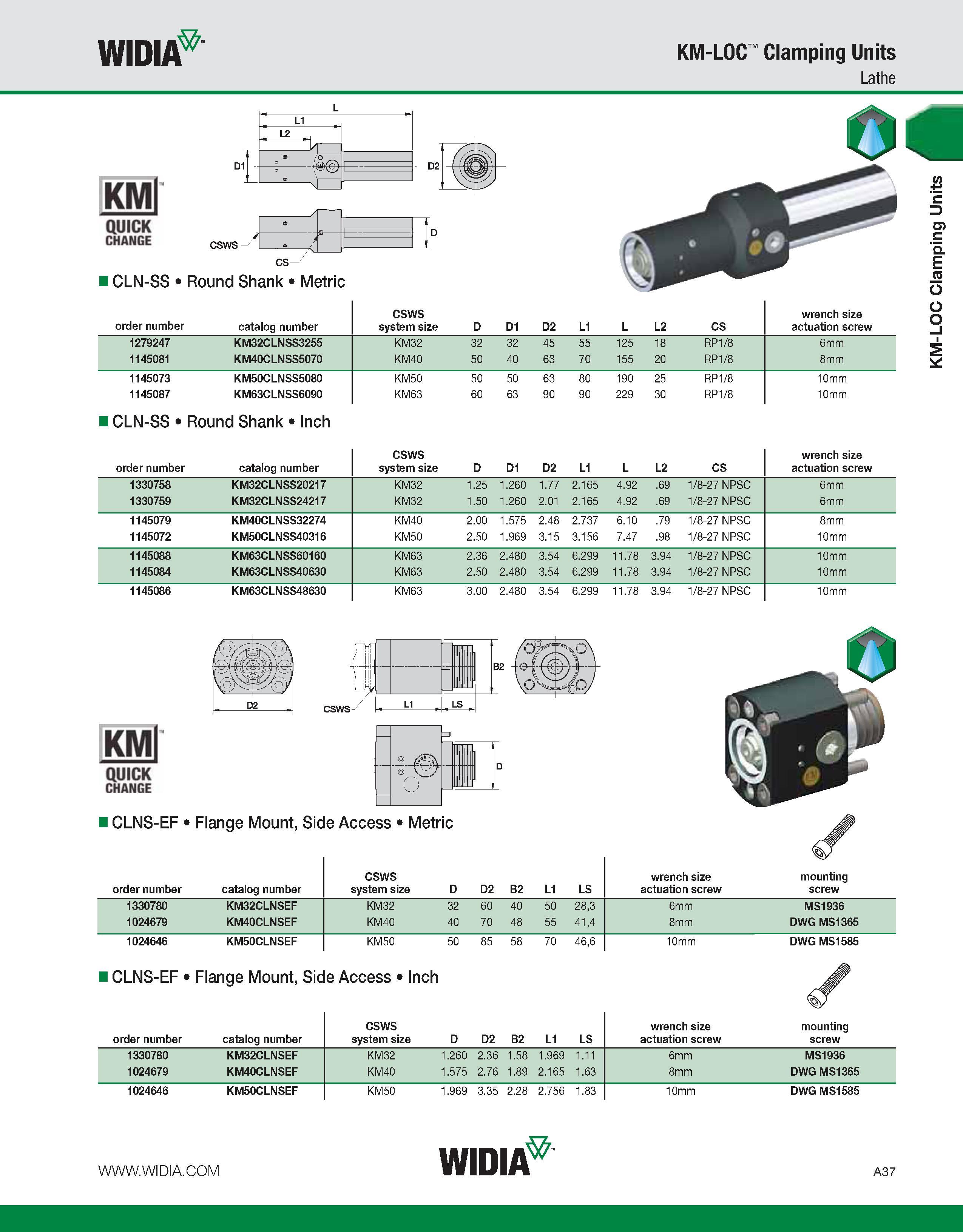 47 WIDIA KM-LOC Clamping Units Lathe KMl QUICK CHANGE ICLN-SS Round Shank Metric CSWS wrench size order number catalog number system size D D1 D2 L1 Каталог WIDIA 2011 Инструментальная оснастка для металлорежущих станков Вспомогательный инструмент для оборудования Адаптеры Насадки Оправки Патроны Стр. A37 ENG
