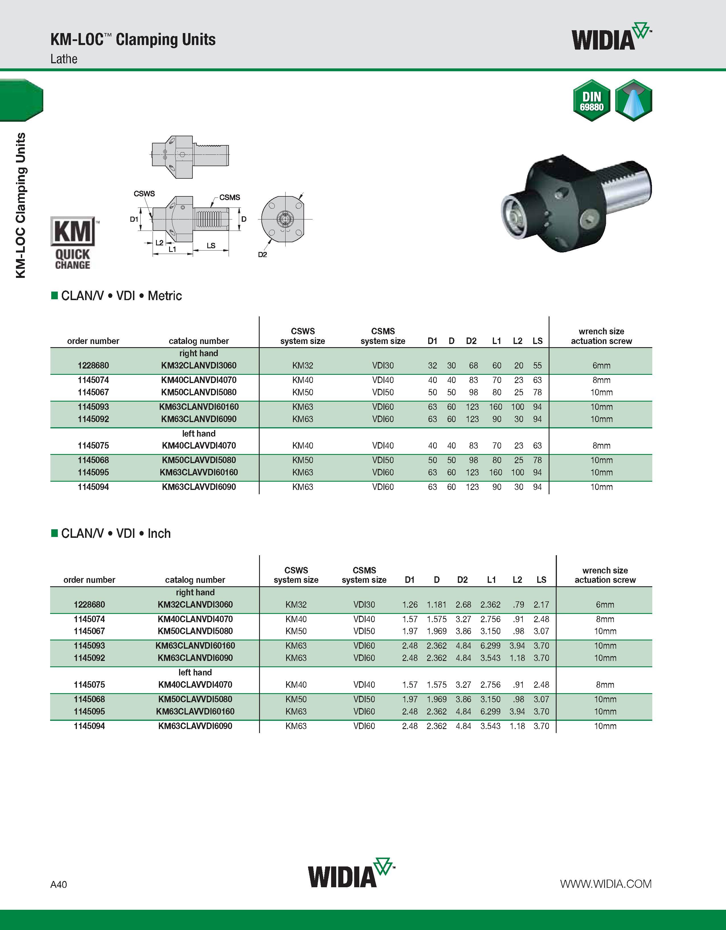 50 KM-LOC Clamping Units KM-LOC Clamping Units Lathe WIDIA KM quick CHANGE /o _ a \o CLAN/V VDI Metric CLAN/V VDI Inch order number catalog number C Каталог WIDIA 2011 Инструментальная оснастка для металлорежущих станков Вспомогательный инструмент для оборудования Адаптеры Насадки Оправки Патроны Стр. A40 ENG