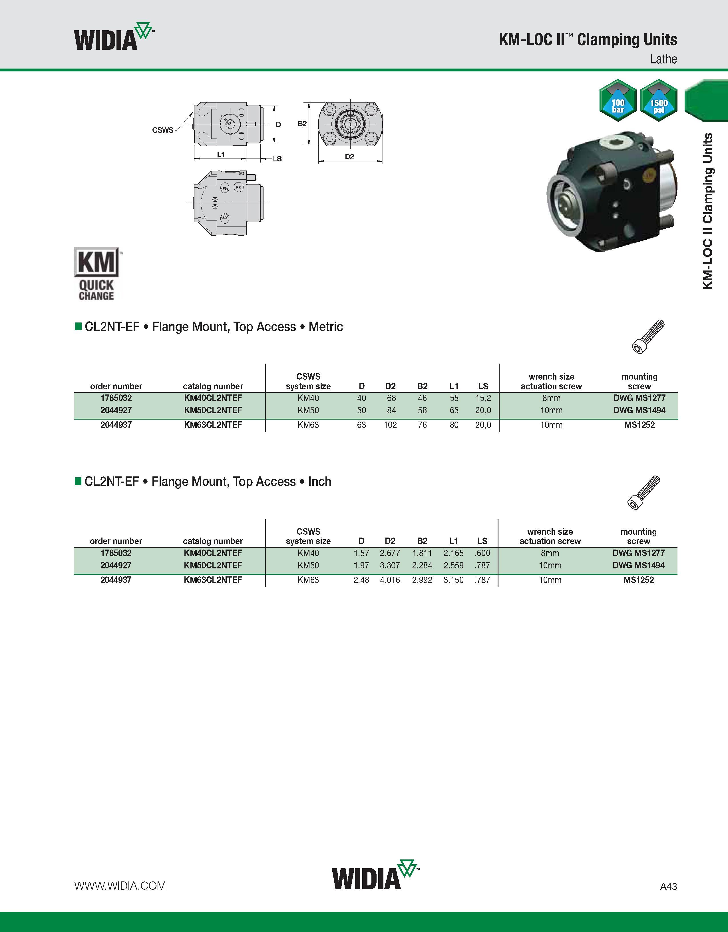 53 WIDIA KM-LOC II Clamping Units Lathe CSWS D B2 KMl QUICK CHANGE ICL2NT-EF Flange Mount, Top Access Metric order number catalog number CSWS system Каталог WIDIA 2011 Инструментальная оснастка для металлорежущих станков Вспомогательный инструмент для оборудования Адаптеры Насадки Оправки Патроны Стр. A43 ENG