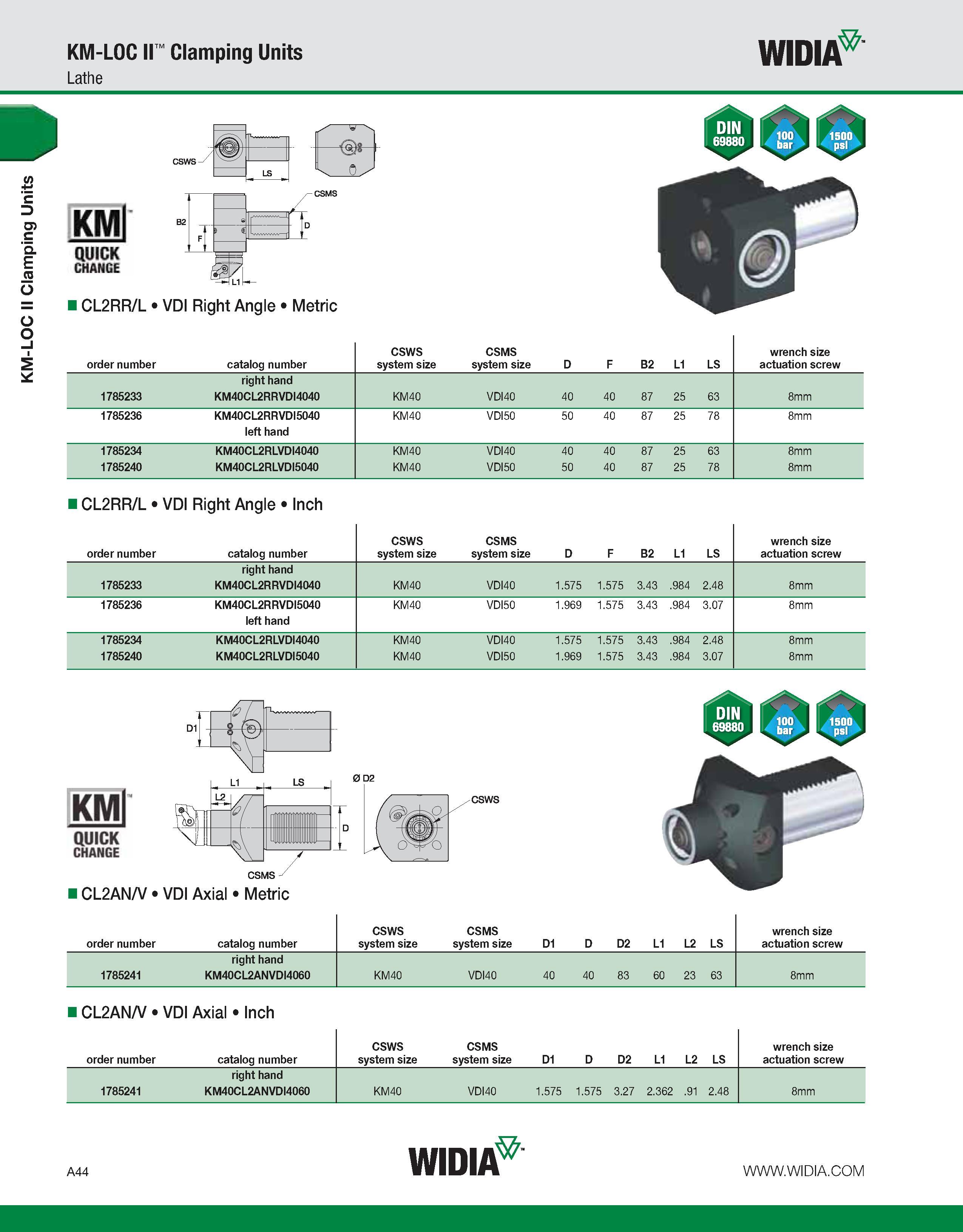 54 KM-LOC II Clamping Units KM-LOC II Clamping Units Lathe WIDIA KM QUICK CHANCE CL2RR/L VDI Right Angle Metric 0 order number catalog number CSWS s Каталог WIDIA 2011 Инструментальная оснастка для металлорежущих станков Вспомогательный инструмент для оборудования Адаптеры Насадки Оправки Патроны Стр. A44 ENG