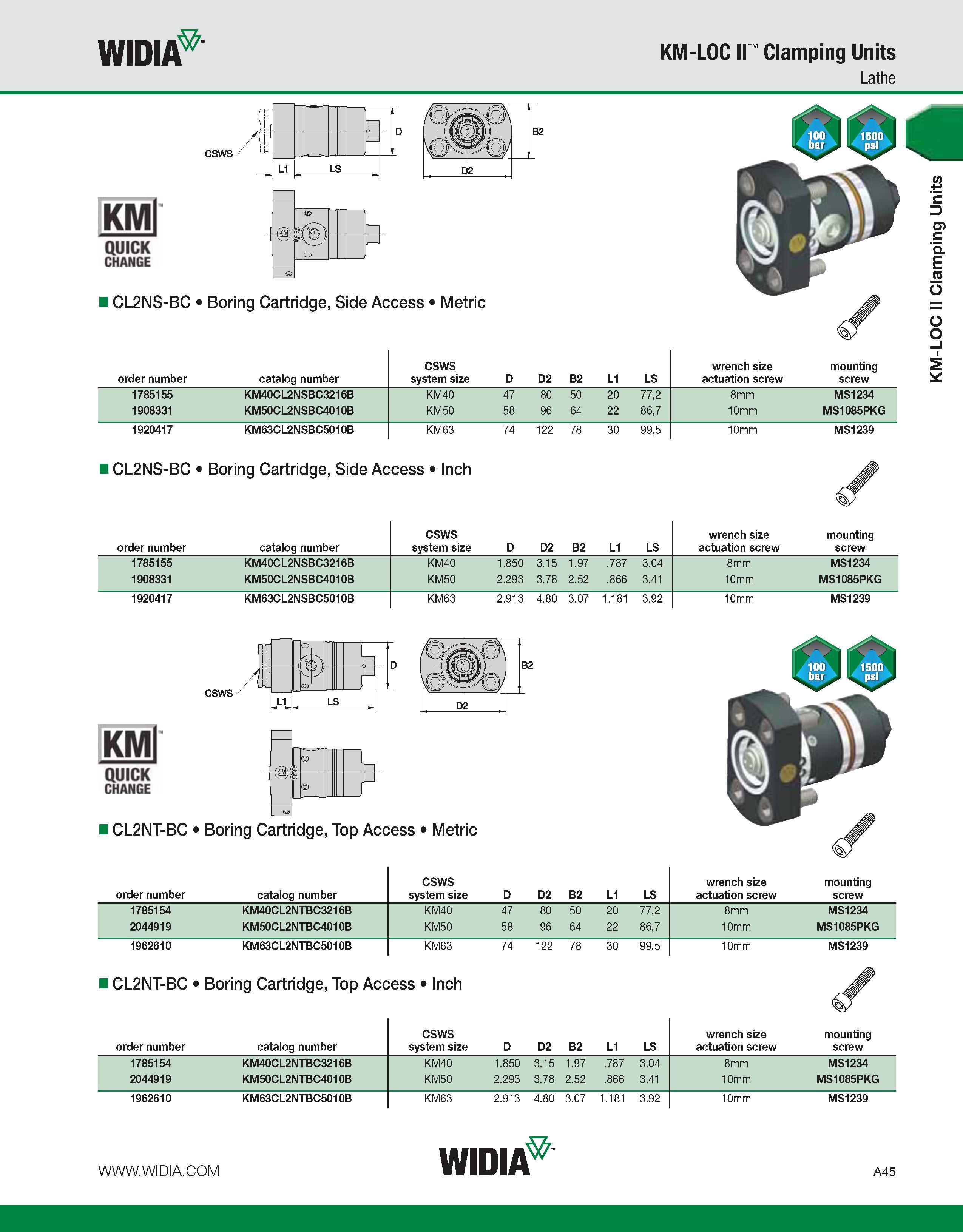55 WIDIA KM-LOC II Clamping Units Lathe CSWS 11 D B LS D2 KMl QUICK CHANGE -l-W- B- i CL2NS-BC Boring Cartridge, Side Access Metric order number cat Каталог WIDIA 2011 Инструментальная оснастка для металлорежущих станков Вспомогательный инструмент для оборудования Адаптеры Насадки Оправки Патроны Стр. A45 ENG