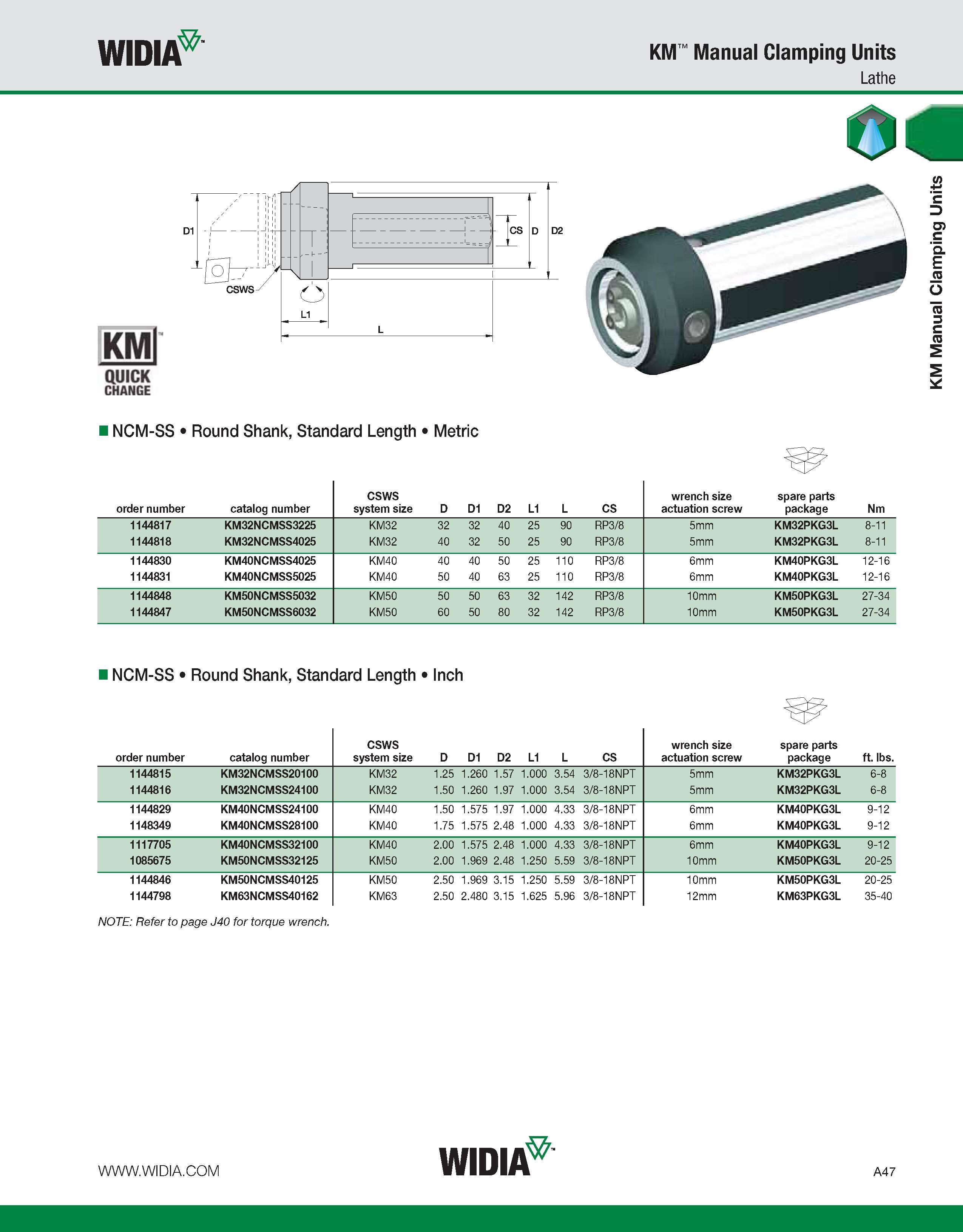 57 WIDIA KM Manual Clamping Units Lathe KMl QUICK CHANGE INCM-SS Round Shank, Standard Length Metric order number catalog number CSWS system size D Каталог WIDIA 2011 Инструментальная оснастка для металлорежущих станков Вспомогательный инструмент для оборудования Адаптеры Насадки Оправки Патроны Стр. A47 ENG