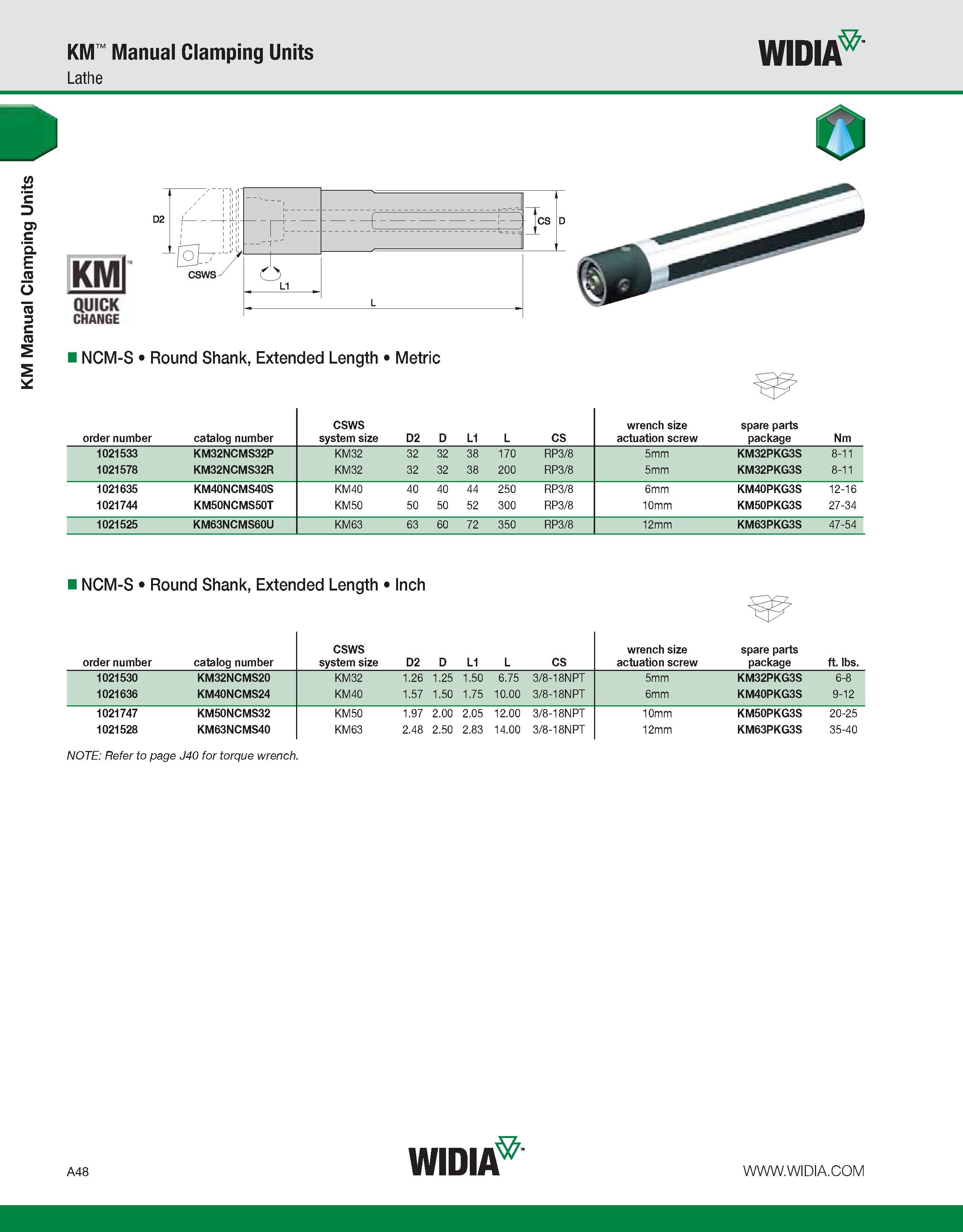 58 KM Manual Clamping Units KM Manual Clamping Units WIDIA Lathe CHANGE NCM-S Round Shank, Extended Length Metric order number catalog number CSWS s Каталог WIDIA 2011 Инструментальная оснастка для металлорежущих станков Вспомогательный инструмент для оборудования Адаптеры Насадки Оправки Патроны Стр. A48 ENG