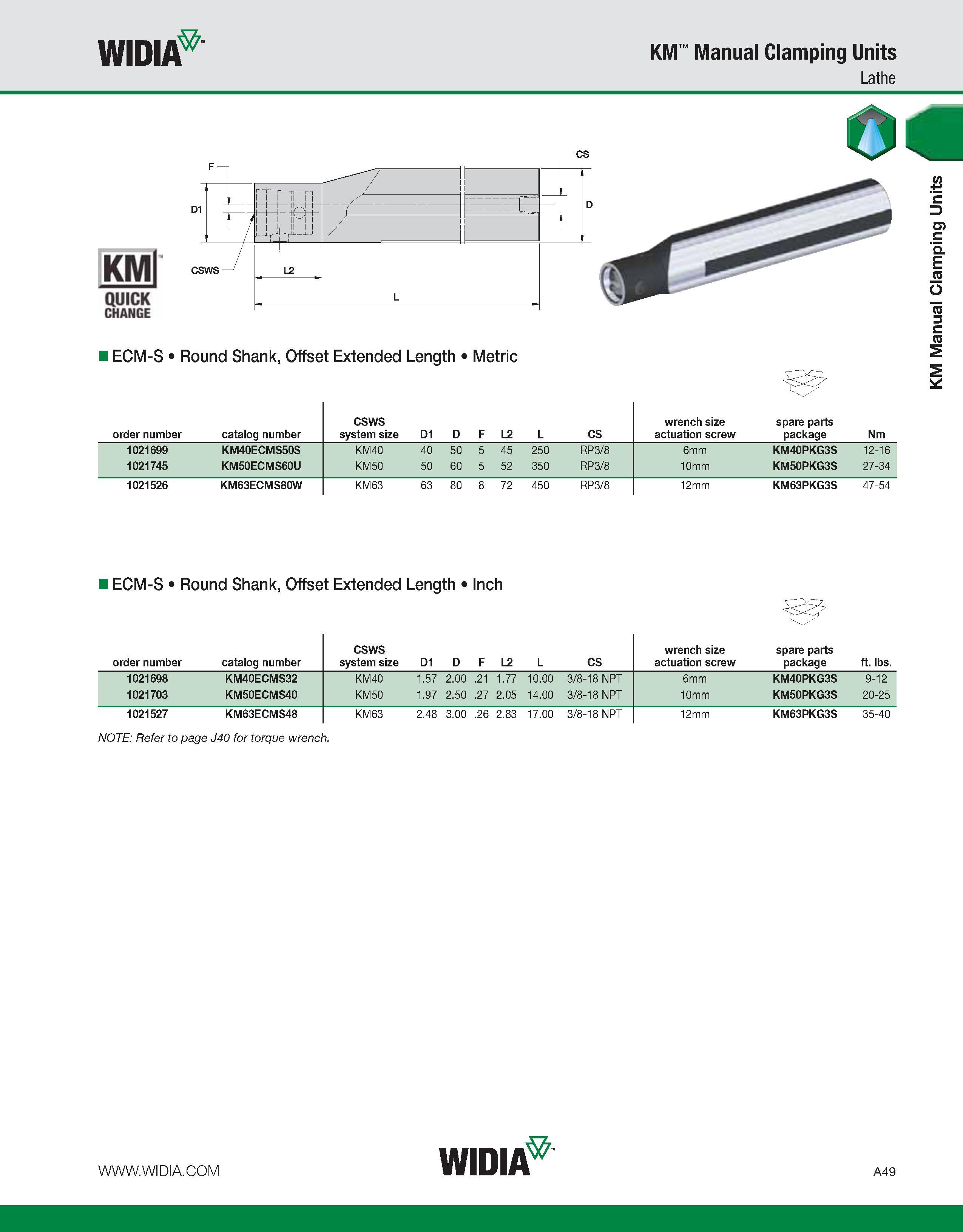 59 WIDIA KM Manual Clamping Units Lathe CHANGE ECM-S Round Shank, Offset Extended Length Metric order number catalog number CSWS system size D1 D F Каталог WIDIA 2011 Инструментальная оснастка для металлорежущих станков Вспомогательный инструмент для оборудования Адаптеры Насадки Оправки Патроны Стр. A49 ENG