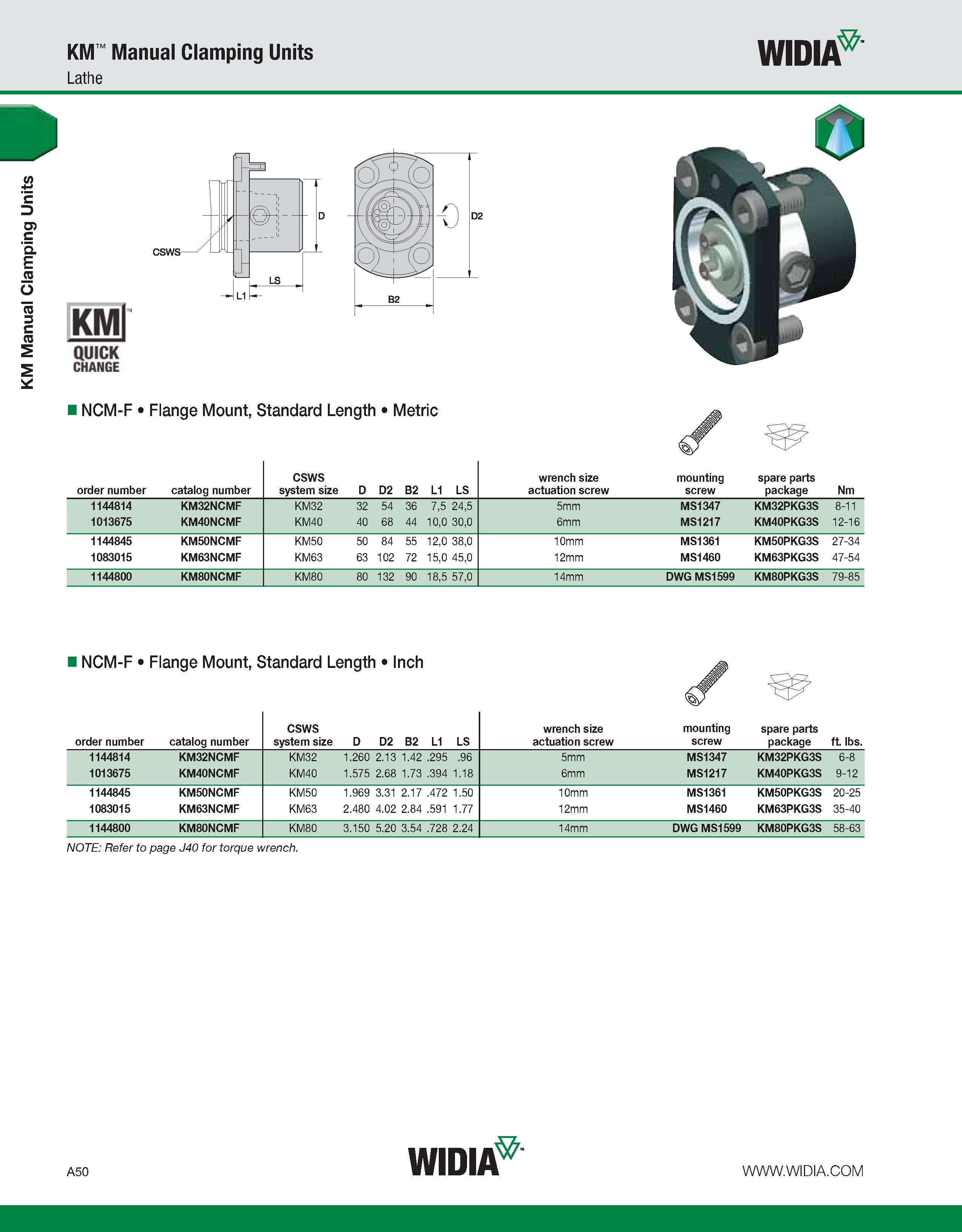 60 KM Manual Clamping Units KM Manual Clamping Units Lathe WIDIA KMl QUICK CHANGE NCM-F Flange Mount, Standard Length Metric order number catalog nu Каталог WIDIA 2011 Инструментальная оснастка для металлорежущих станков Вспомогательный инструмент для оборудования Адаптеры Насадки Оправки Патроны Стр. A50 ENG