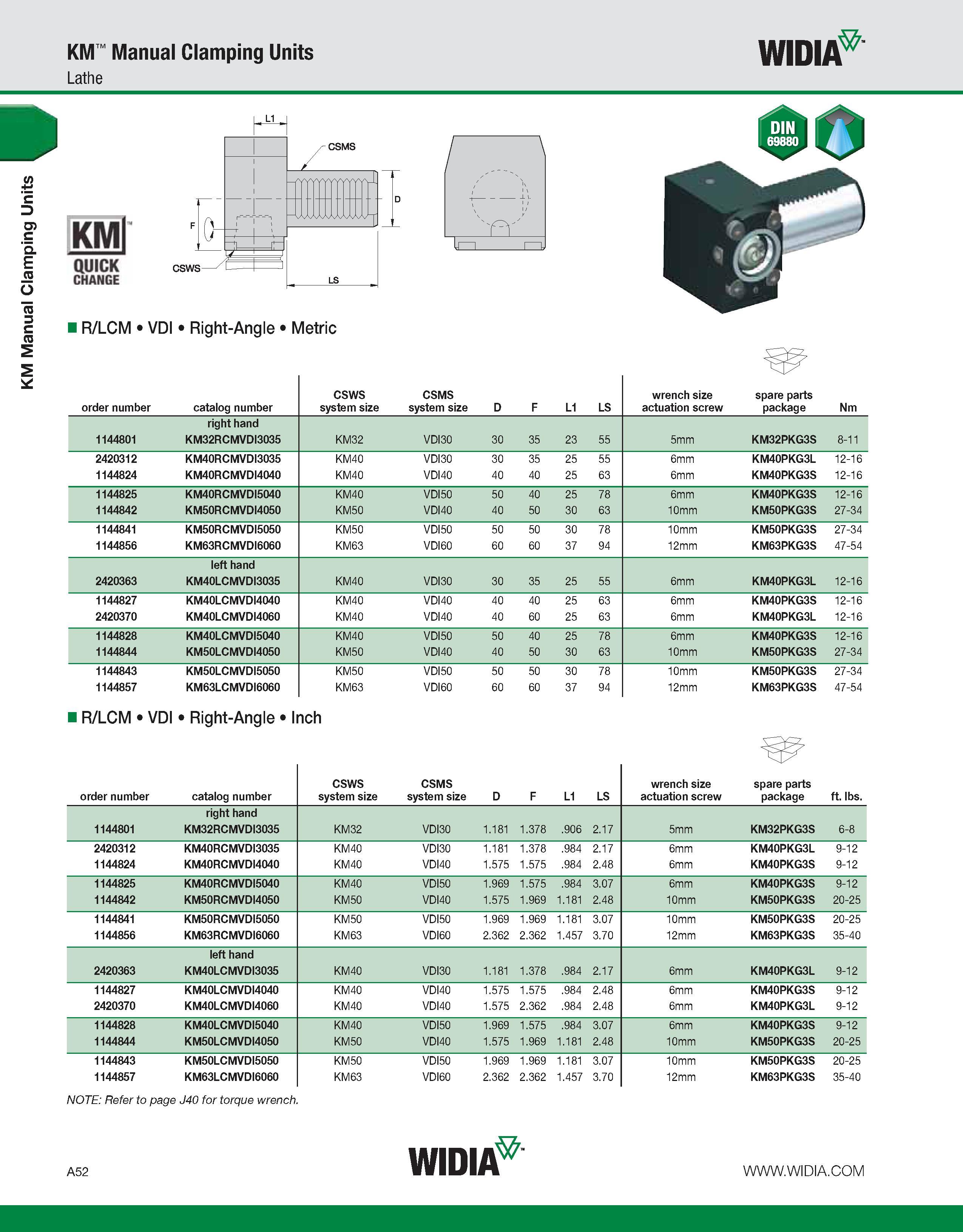 62 KM Manual Clamping Units KM Manual Clamping Units Lathe WIDIA KMl QUICK CHANGE I I R/LCM VDI Right-Angle Metric R/LCM VDI Right-Angle Inch NOTE: Каталог WIDIA 2011 Инструментальная оснастка для металлорежущих станков Вспомогательный инструмент для оборудования Адаптеры Насадки Оправки Патроны Стр. A52 ENG