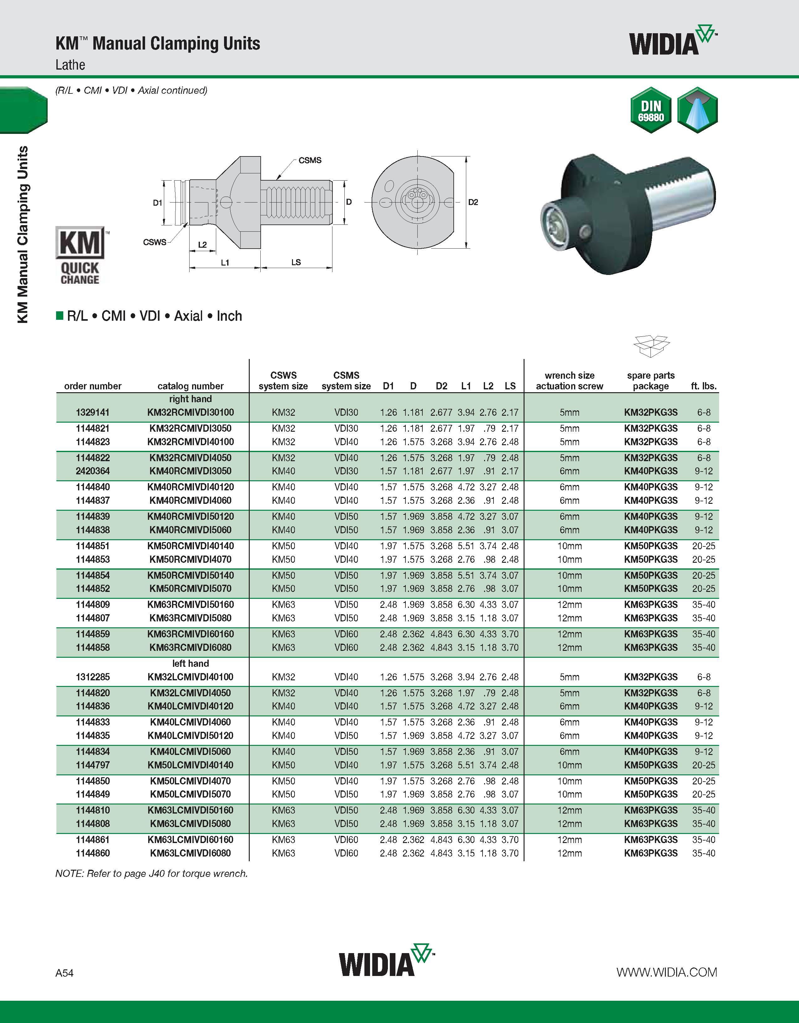 64 KM Manual Clamping Units KM Manual Clamping Units Lathe WIDIA (R/L CMI VDI Axial continued) ml FKifclT CHANGE R/L CMI VDI Axial Inch order number Каталог WIDIA 2011 Инструментальная оснастка для металлорежущих станков Вспомогательный инструмент для оборудования Адаптеры Насадки Оправки Патроны Стр. A54 ENG