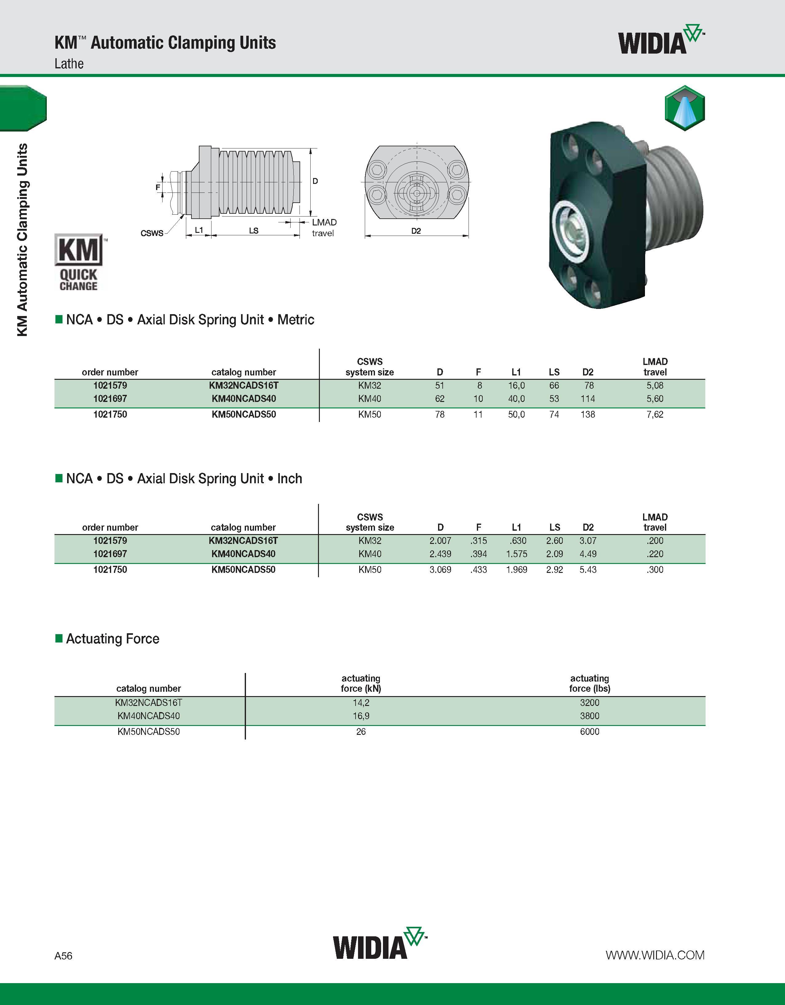 66 KM Automatic Clamping Units KM Automatic Clamping Units Lathe WIDIA KMl QUICK CHANGE NCA DS Axial Disk Spring Unit Metric order number catalog nu Каталог WIDIA 2011 Инструментальная оснастка для металлорежущих станков Вспомогательный инструмент для оборудования Адаптеры Насадки Оправки Патроны Стр. A56 ENG