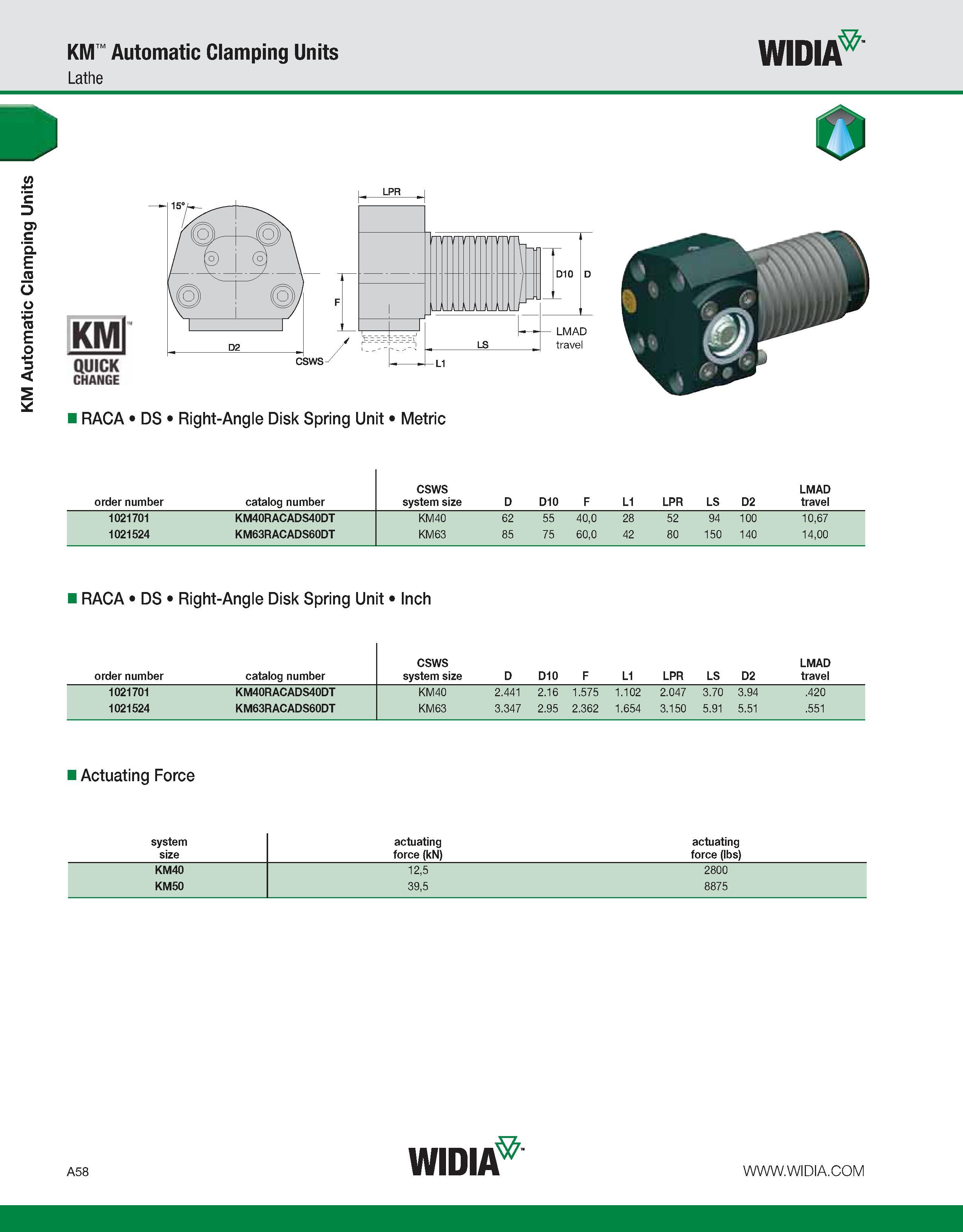 68 KM Automatic Clamping Units KM Automatic Clamping Units Lathe WIDIA CHANGE RACA DS Right-Angle Disk Spring Unit Metric order number catalog numbe Каталог WIDIA 2011 Инструментальная оснастка для металлорежущих станков Вспомогательный инструмент для оборудования Адаптеры Насадки Оправки Патроны Стр. A58 ENG